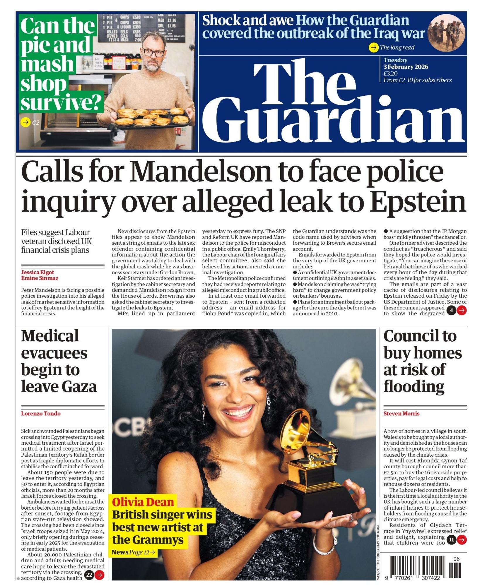 “Thirrje që Mandelson të përballet me hetimin e policisë në lidhje me rrjedhjen e dyshuar të informacionit te Epstein”, shkruhet në titullin kryesor të faqes së parë të gazetës Guardian.