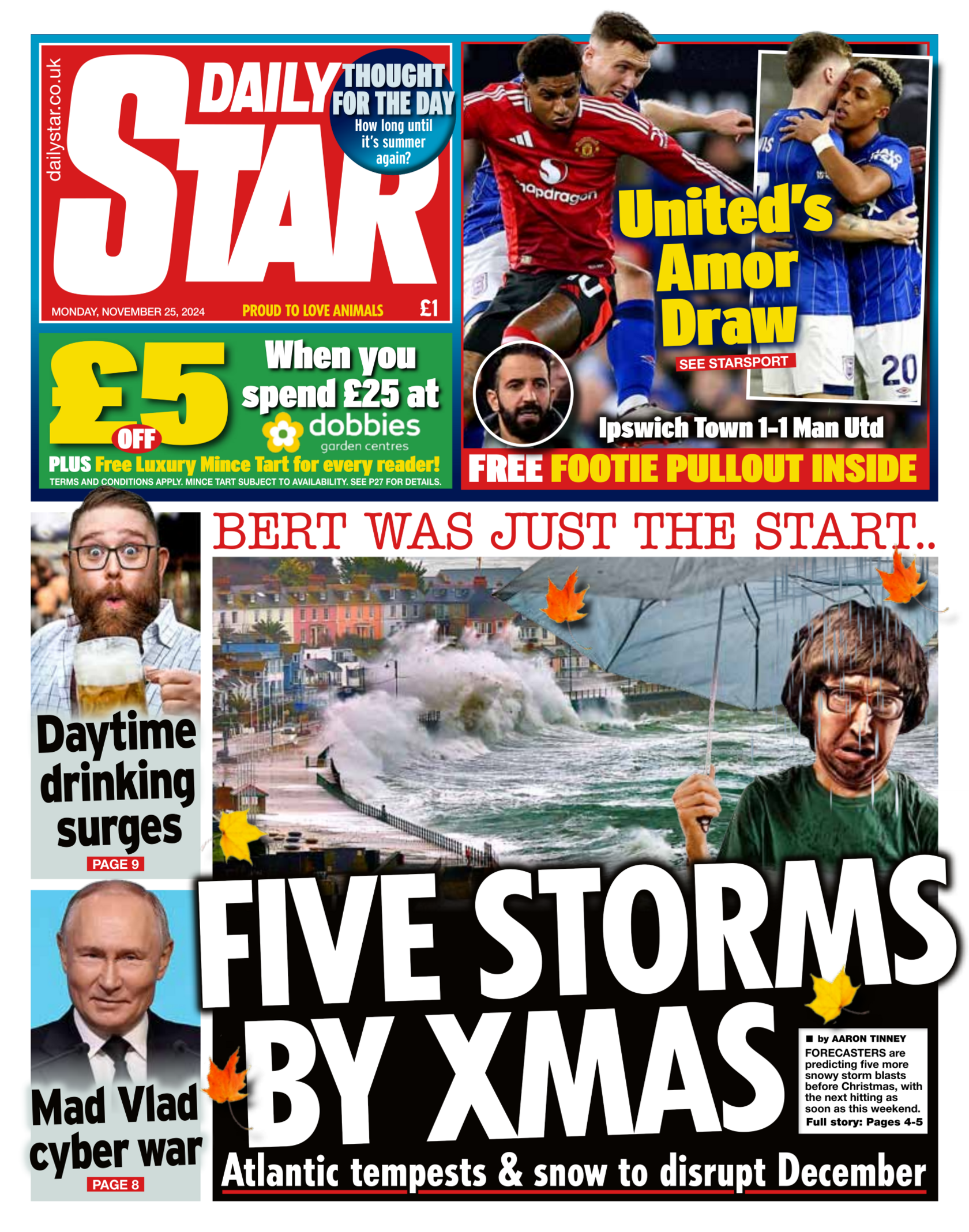 The Daily Star front page with headline: "Five Storms by Xmas"