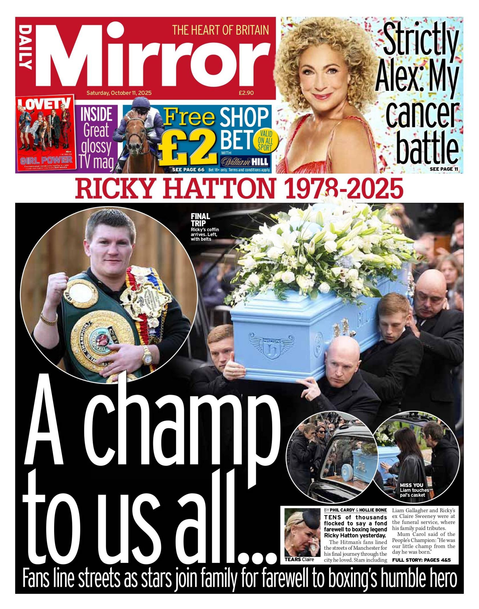 The headline on the front page of the Daily Mirror reads: "A champ to us all..."