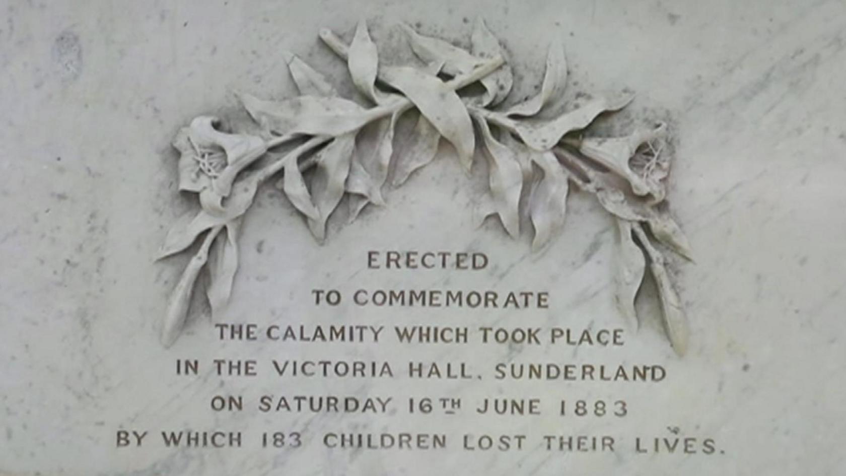Close-up of wording a memorial to the 183 who died in the Victoria Hall disaster in 1883