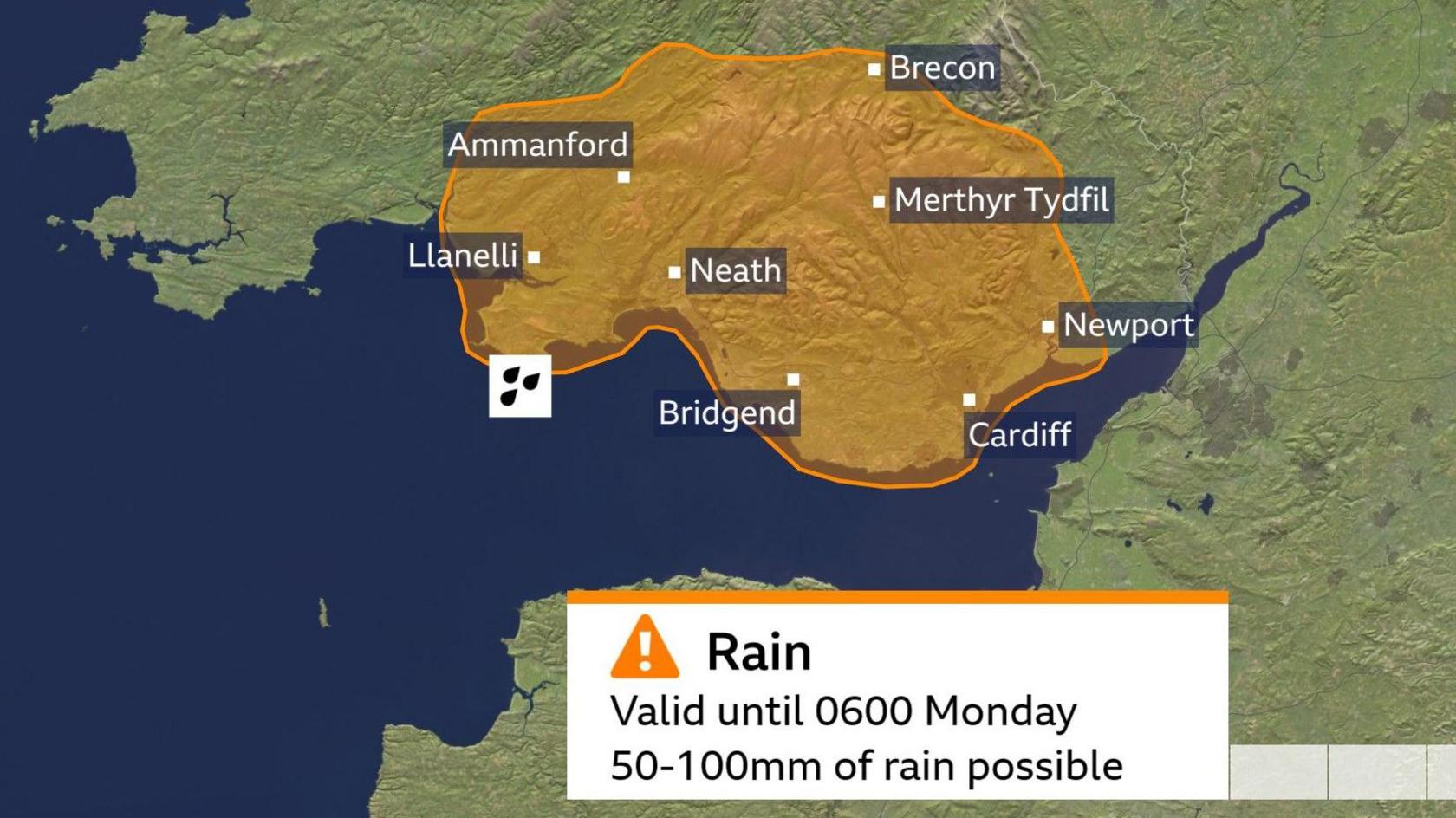 Map of the Met Office amber warning area. It covers most of south Wales, from Llanelli in the west to Newport in the east, and is valid until 6am on Monday.