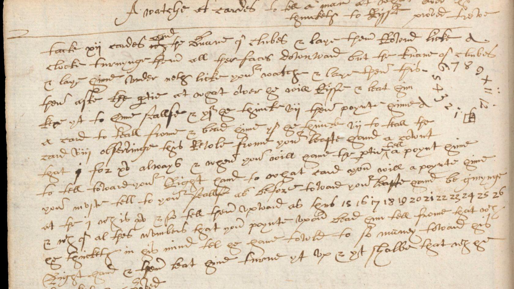 A long diary entry from the 1590s written in elaborate cursive script describing a card trick