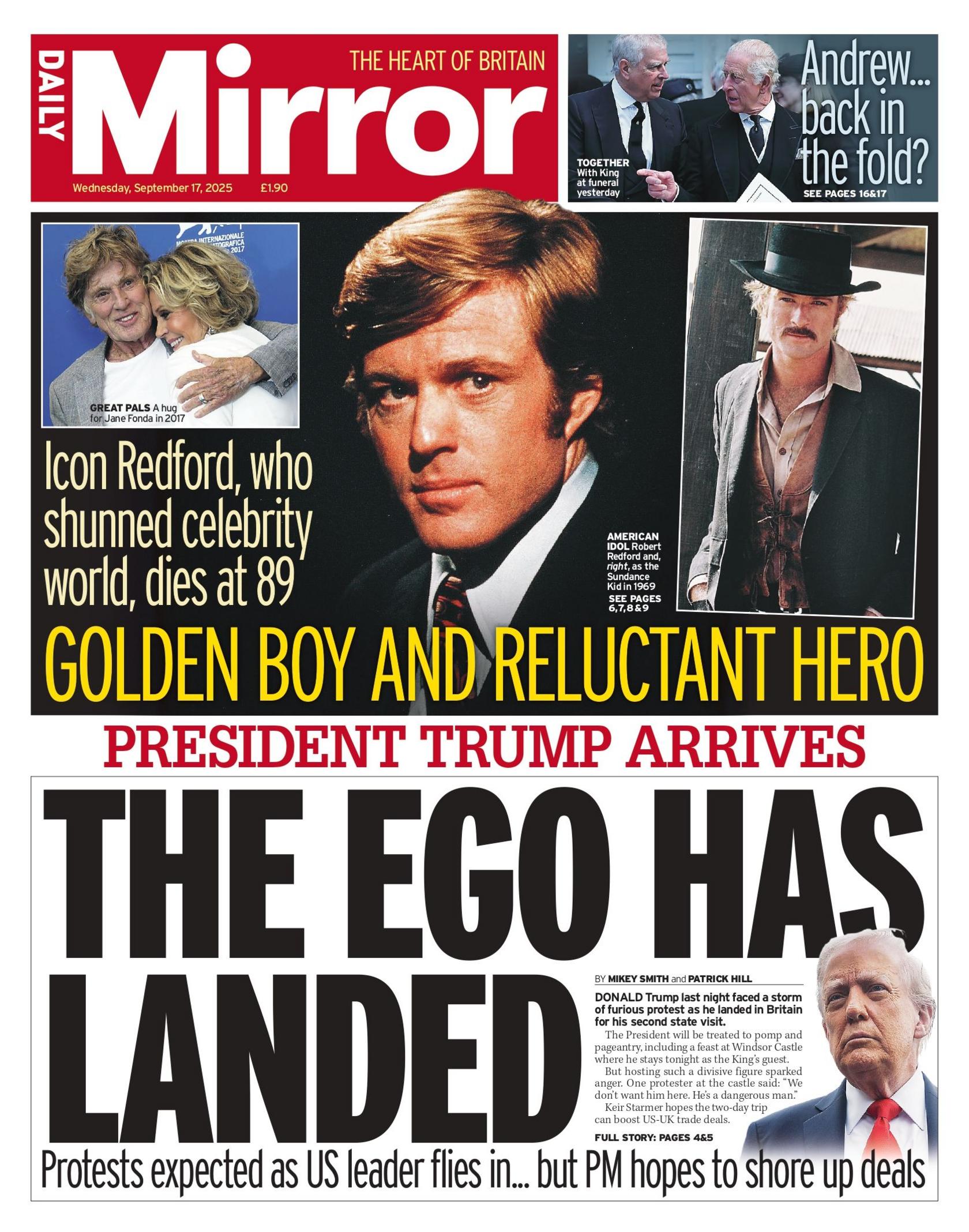 "The ego has landed" reads the headline on the front page of the Daily Mirror.