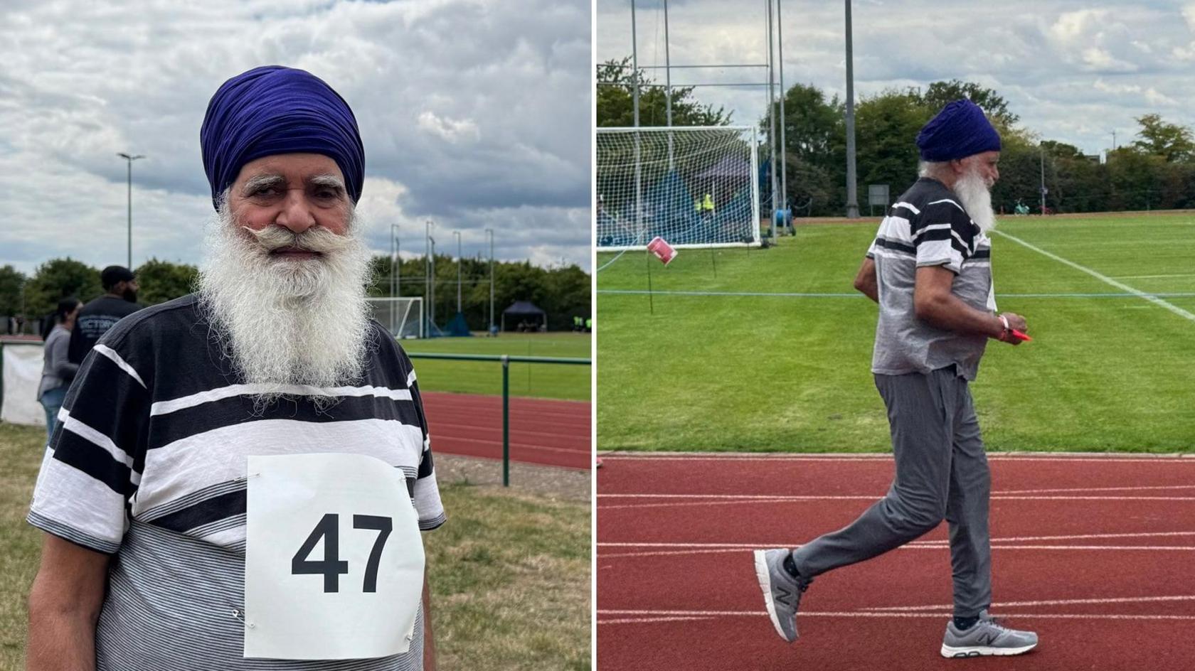 The image on the left is Tarlochan wearing a blue turban, he has a white beard and wears a black and white striped shirt with the number 47 pinned onto it. On the right is a picture of him running the race.