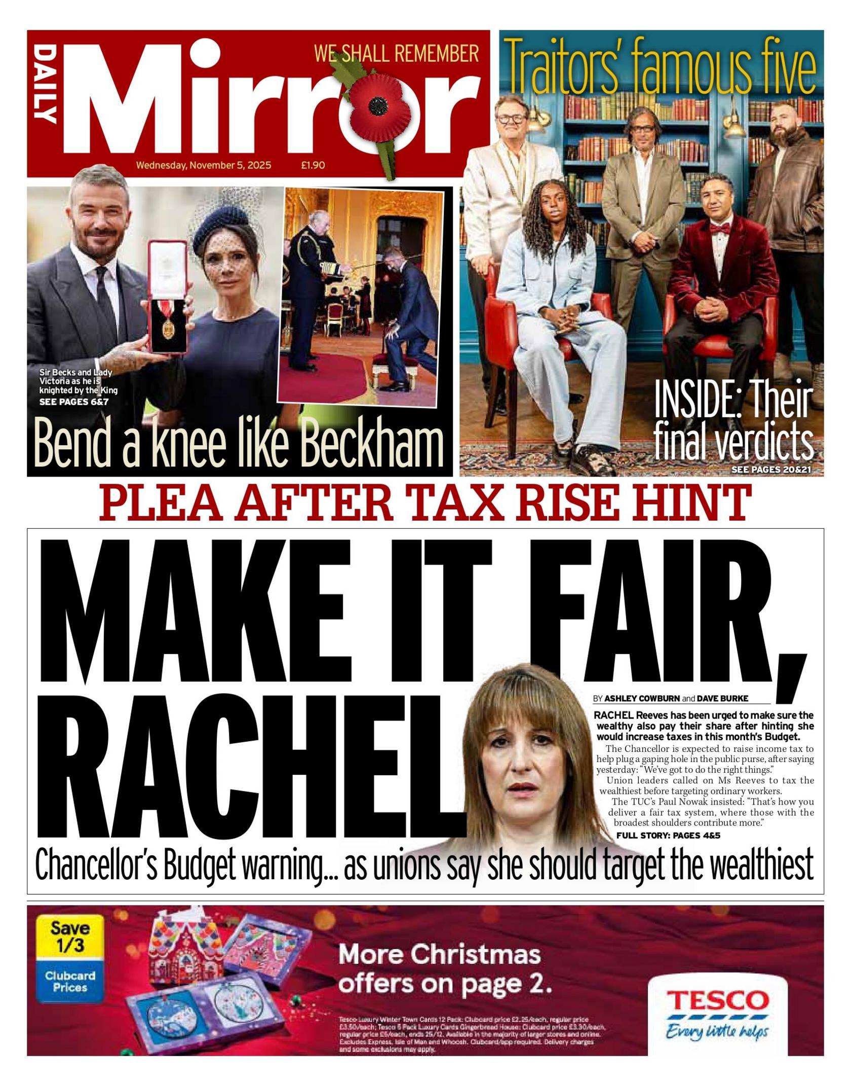 The headline on the front page of the Daily Mirror reads: "Make it fair, Rachel".