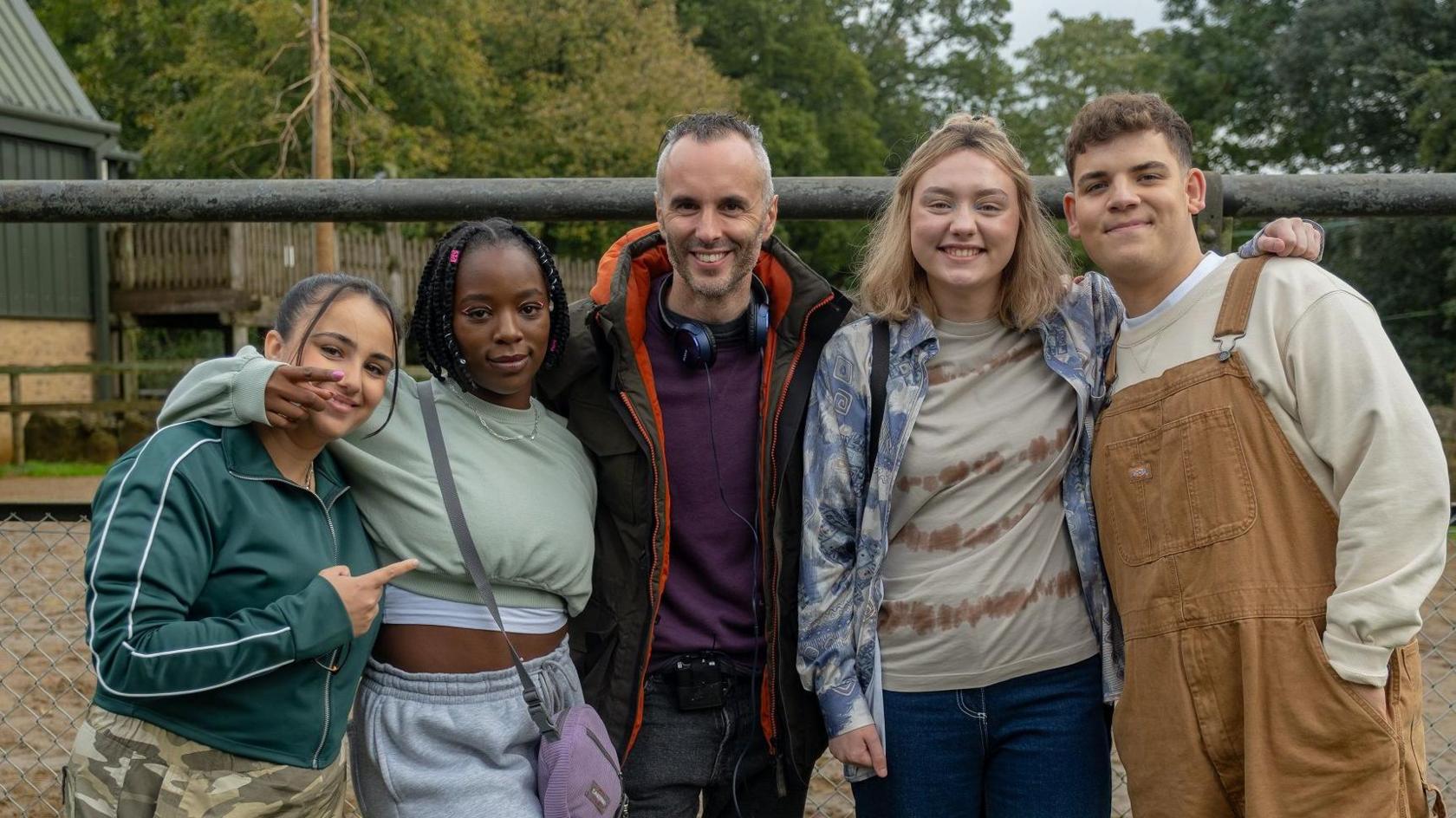 Andy with four actors on set