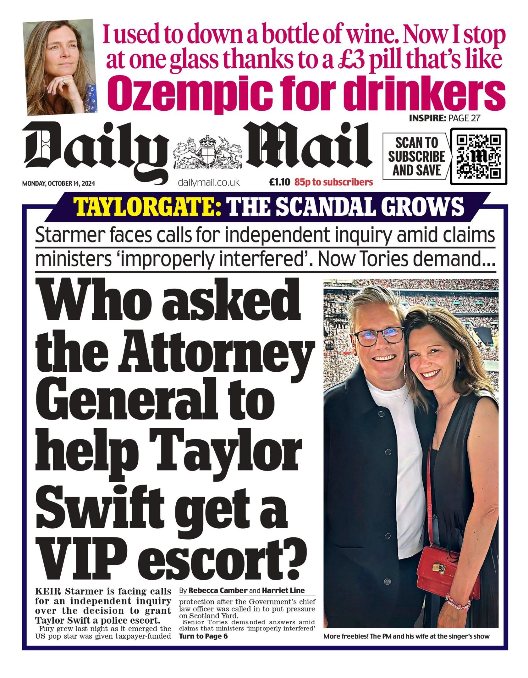 The Daily Mail's headline reads: "Who asked the Attorney General to help Taylor Swift get a VIP escort?" 