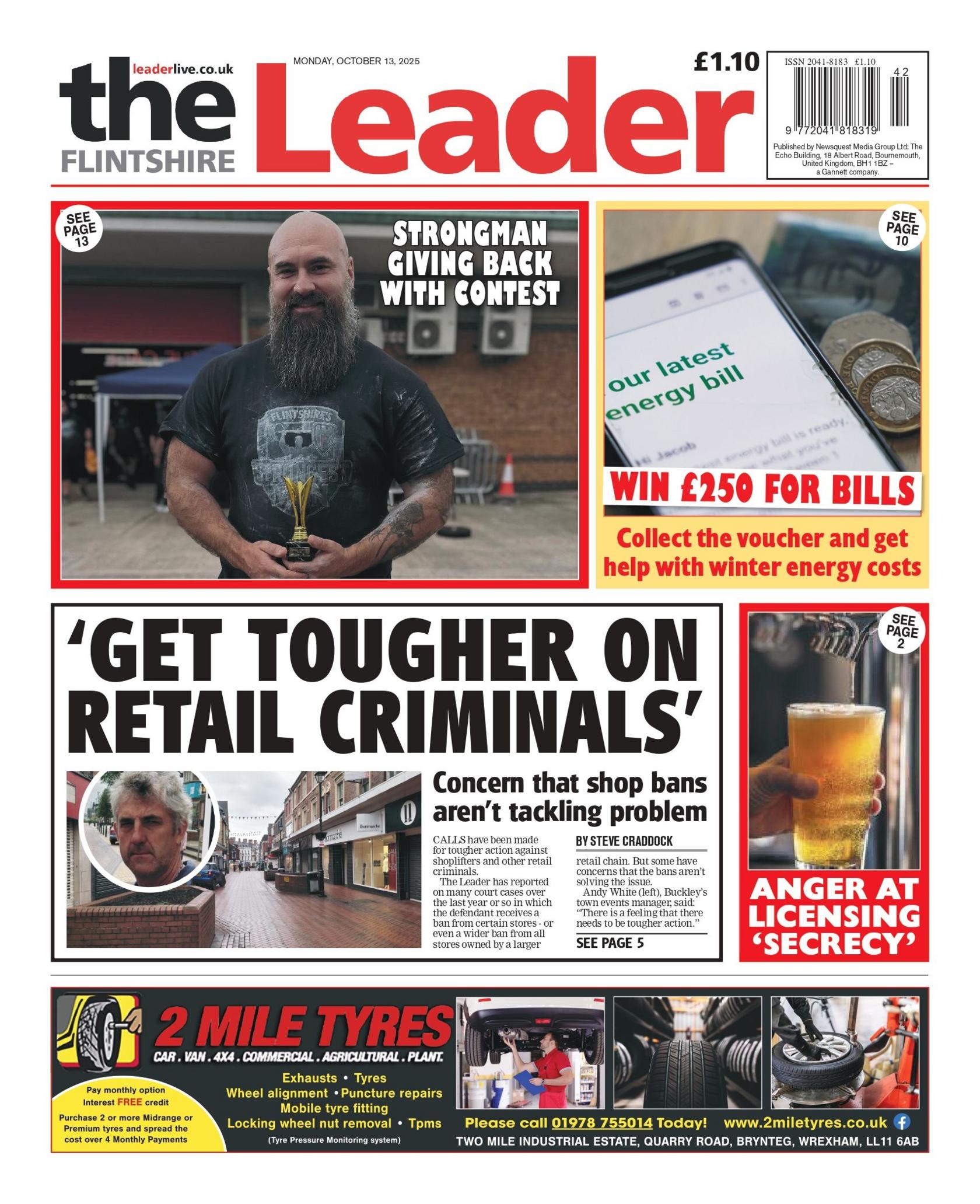 The main headline reads 'get tougher on retail criminals' and there is an image above it with a headline that reads 'strongman giving back with contest'