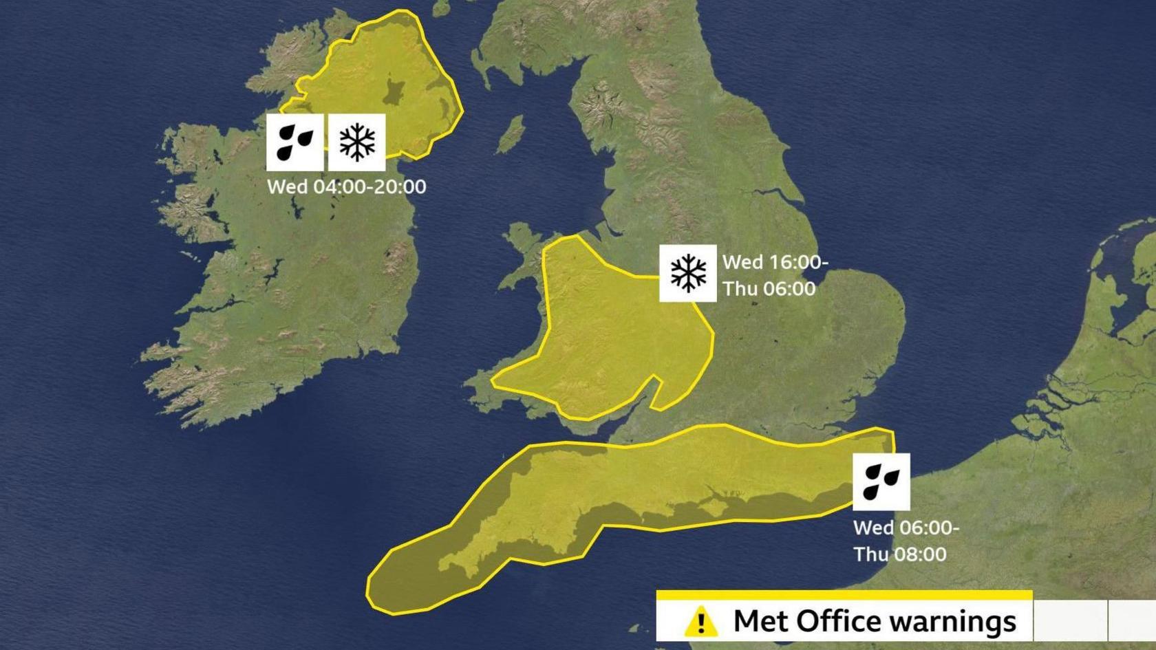 Map of the UK showing yellow warnings in Northern Ireland, parts of Wales and the Midlands, and southern England.