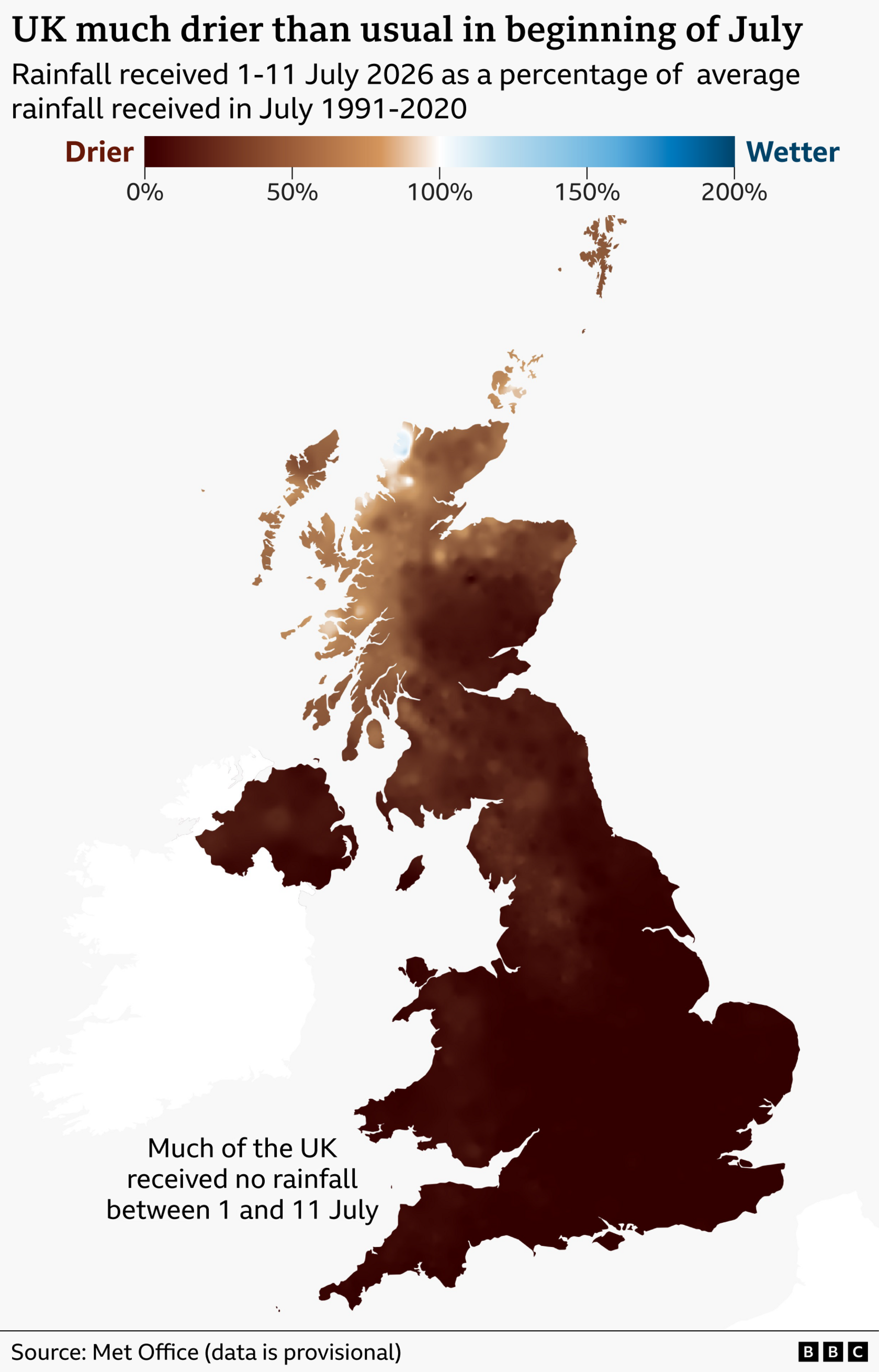 A coloured map of the UK with a scale showing darker brown areas as drier and bluer areas shown as wetter. There are no blue areas on the map, only brown
