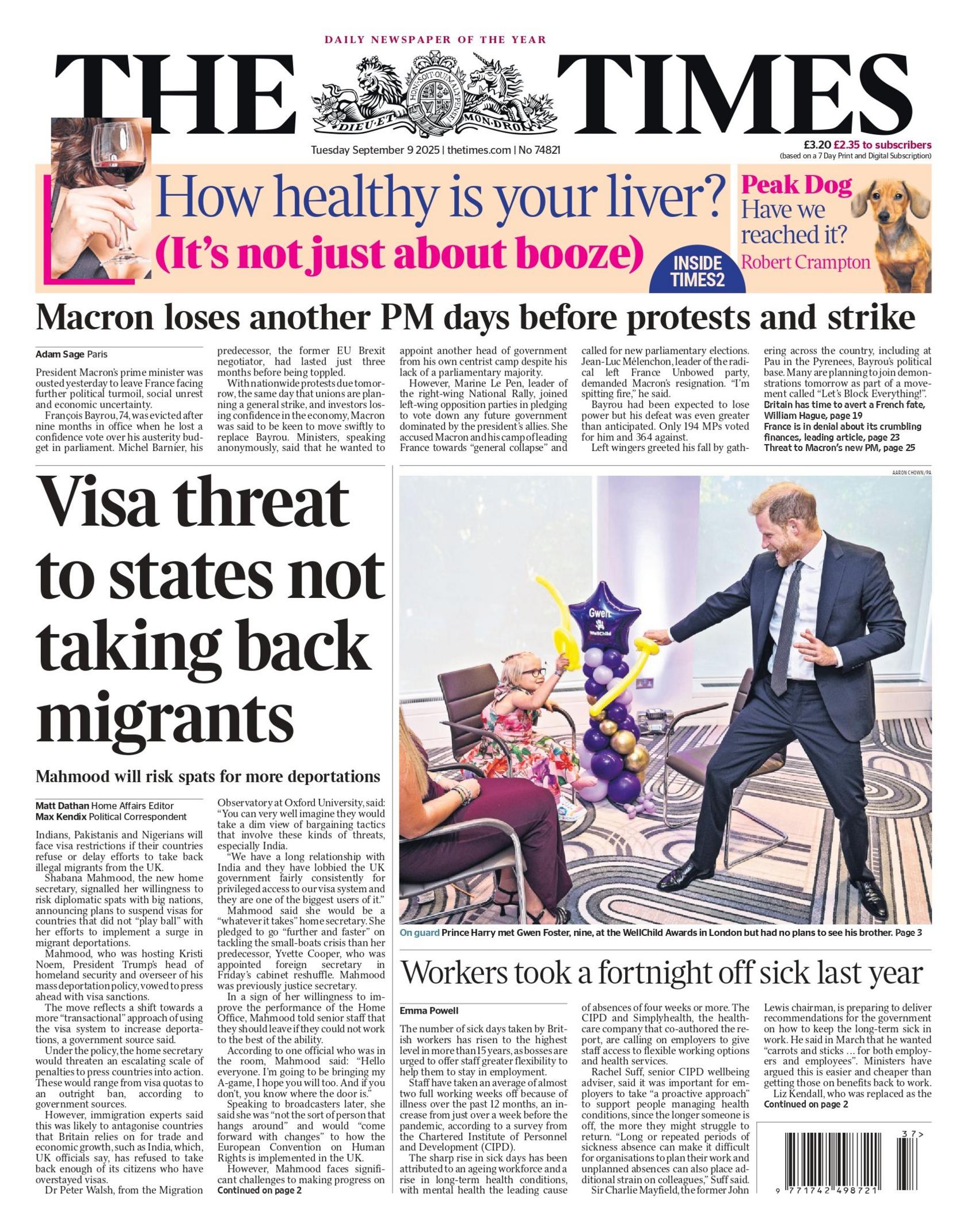 The headline on the front page of the Times reads: "Visa threat to states not taking back migrants".