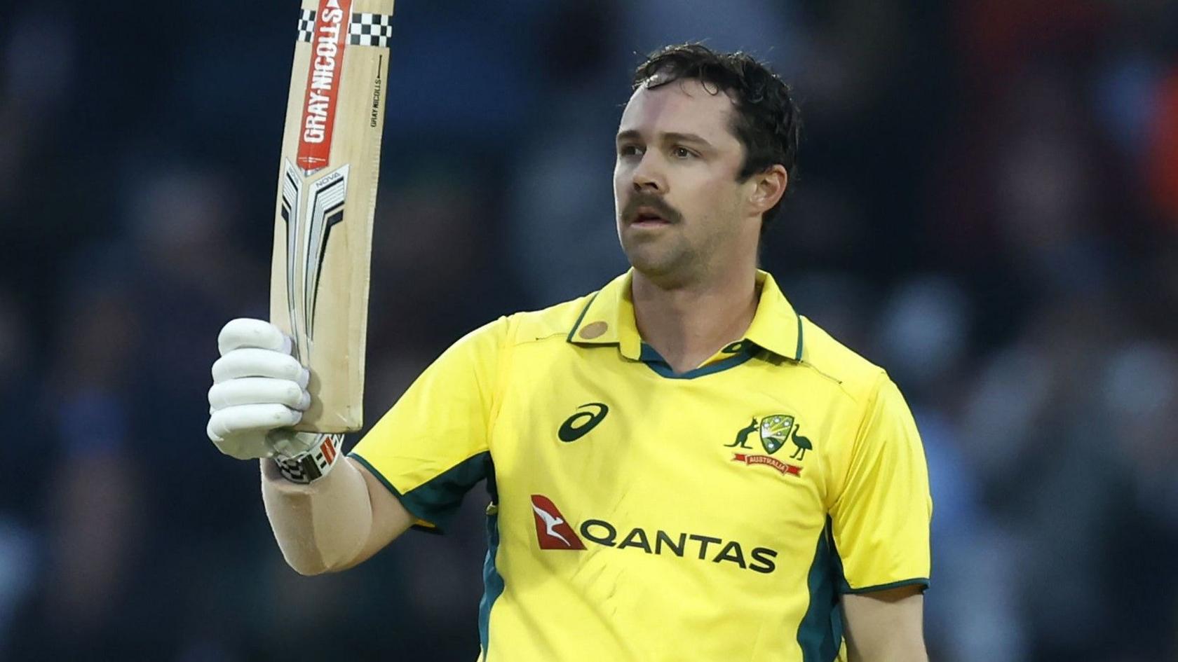 Australia's Travis Head celebrates reaching his century against England in ODI at Trent Bridge