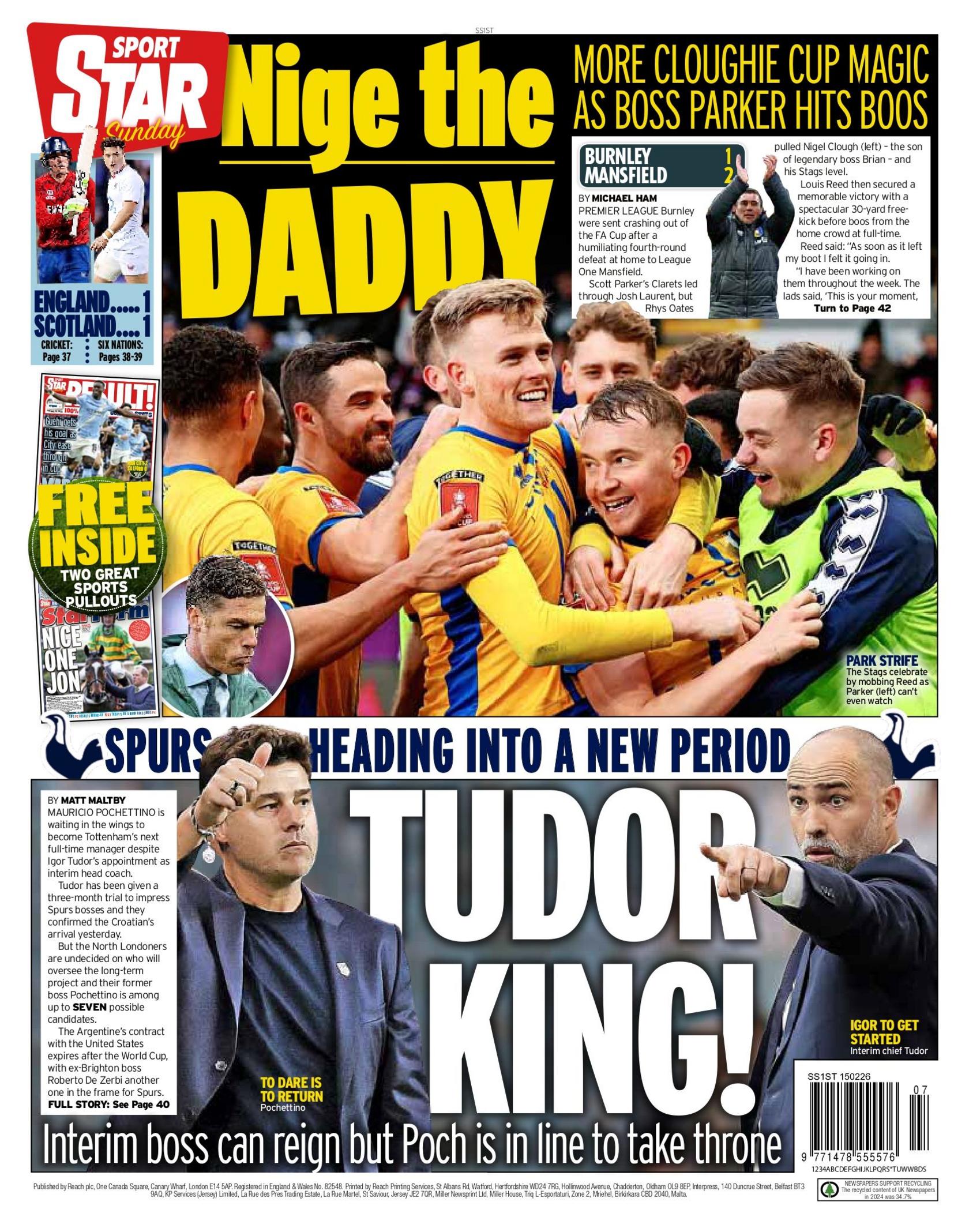 The Star's back page. It has two main stories - "Tudor King" detailing Spurs' likely summer move for Mauricio Pochettino, and "Nige the Daddy" referring to Mansfield boss Nigel Clough.
