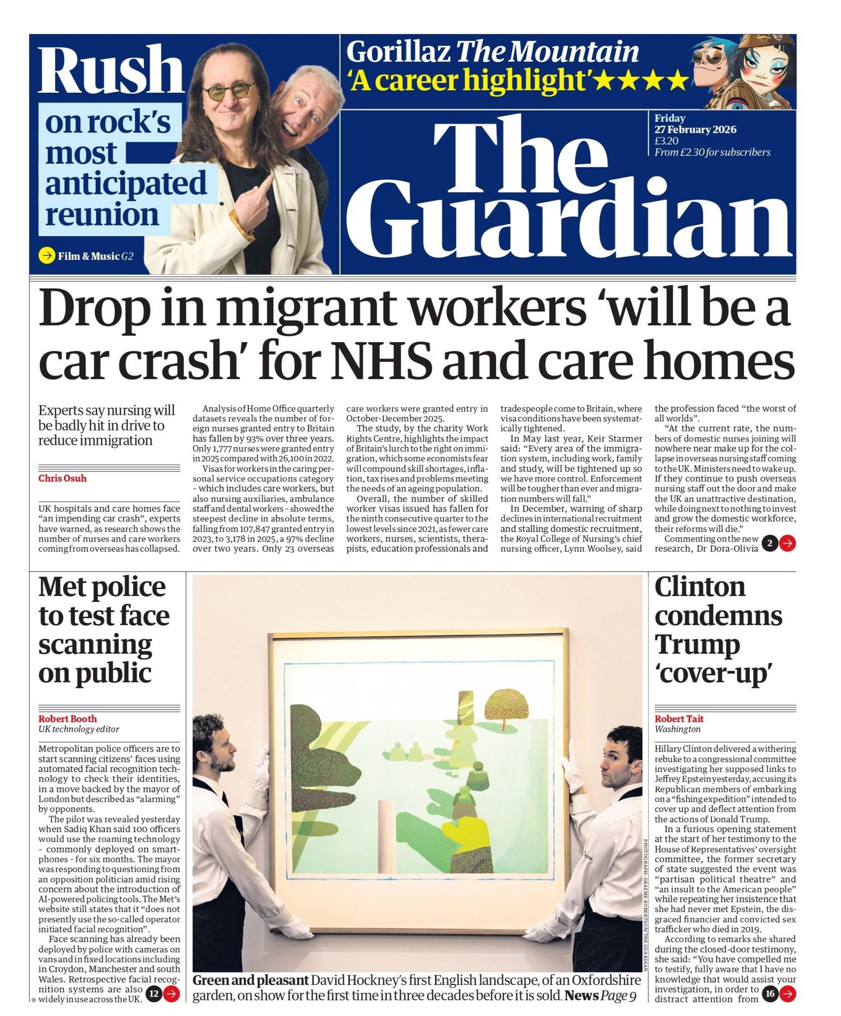 “Rënia e numrit të punëtorëve migrantë ‘do të jetë një aksident automobilistik’ për NHS-në dhe shtëpitë e kujdesit”, shkruhet në titullin kryesor në faqen e parë të gazetës Guardian.