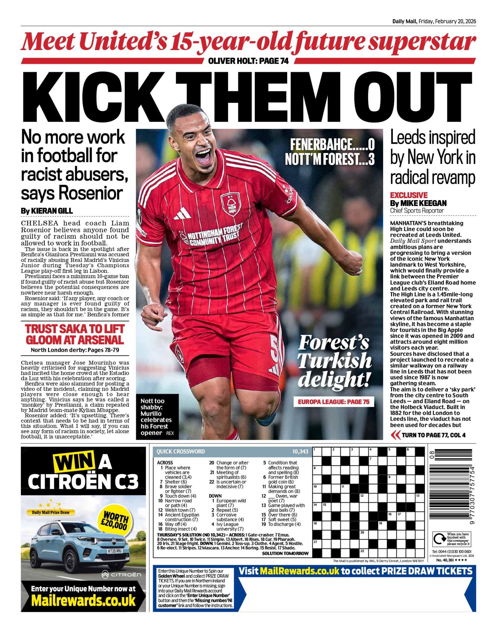 The Daily Mail's back page with the headline: "Kick them out - no more work in football for racist abusers, says Rosenior".