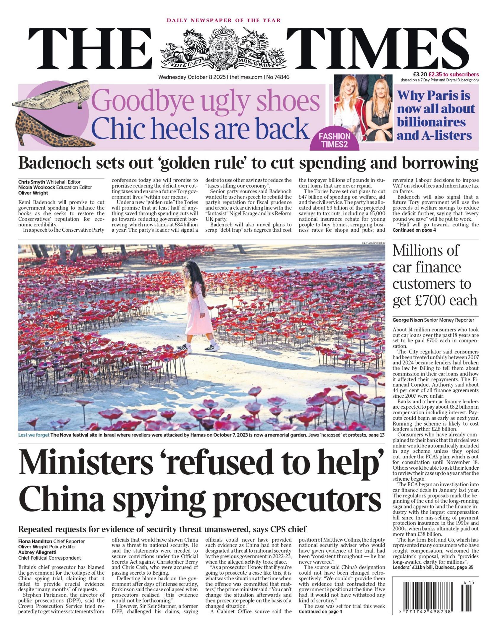 The headline on the front page of the Times reads: "Ministers 'refused to help' China spying prosecutors."