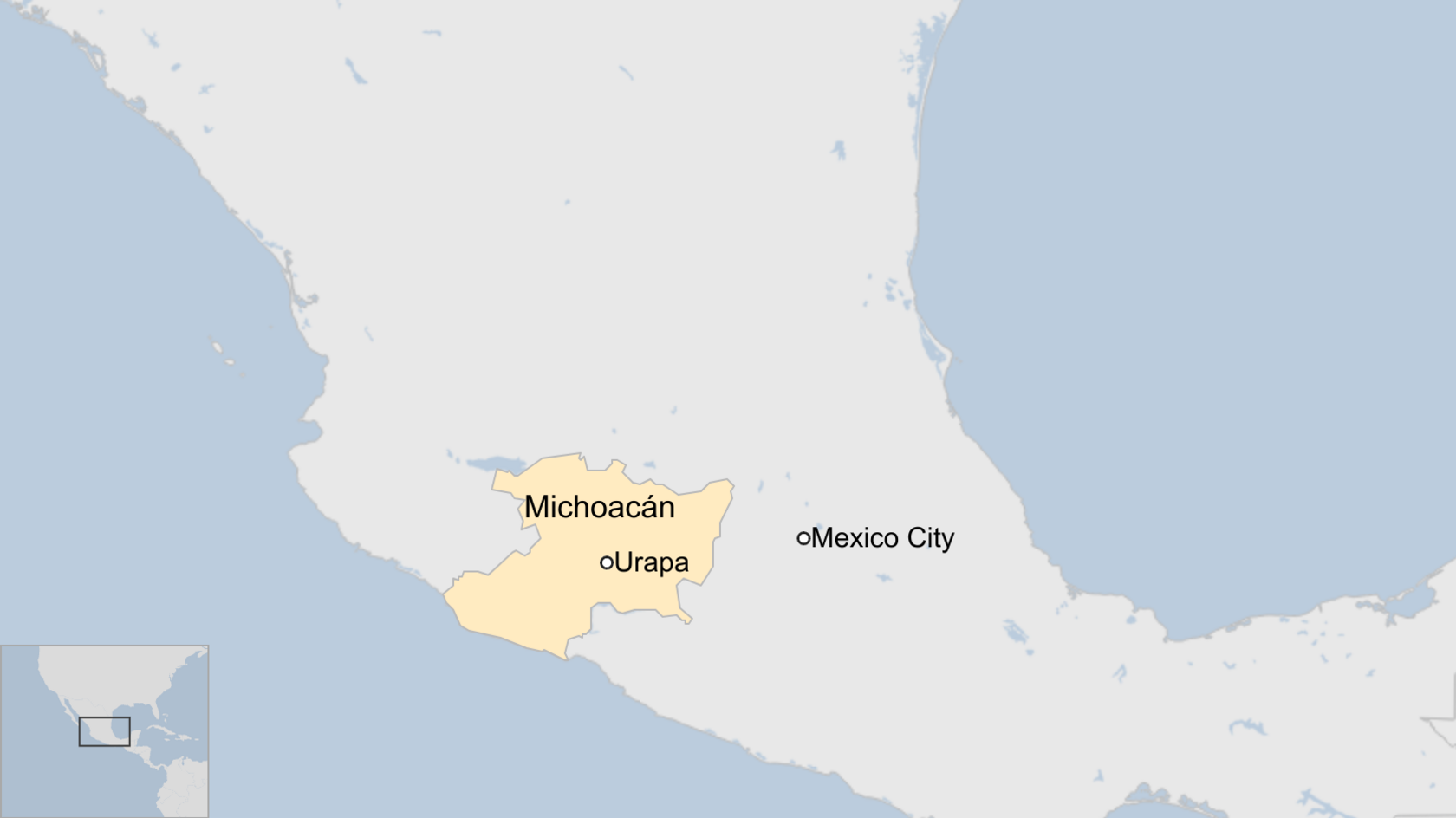 A map of Michoacan state including Urapa, and Mexico City 