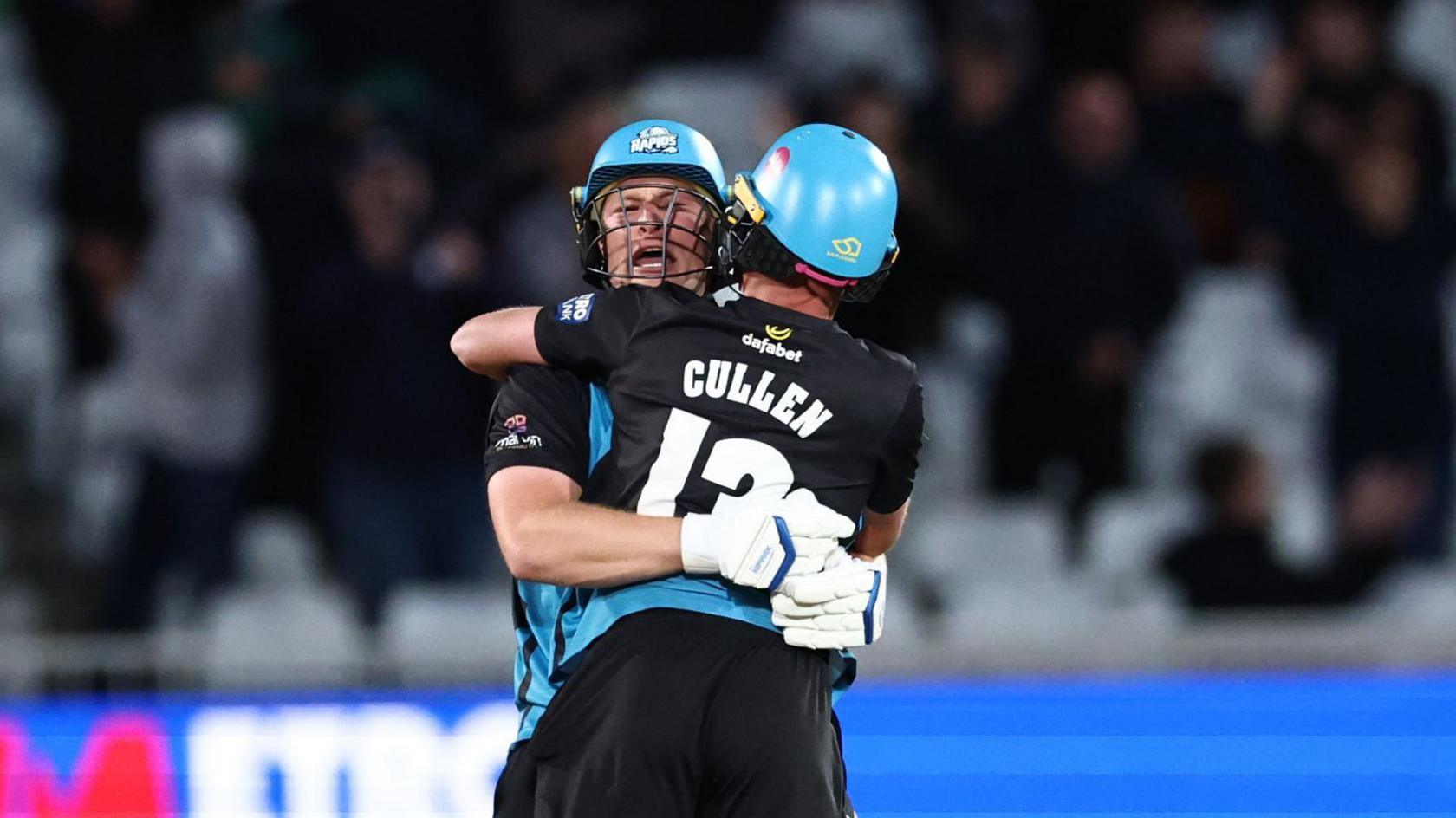 Worcestershire batters Matthew Waite and Henry Cullen hug each other after winning the One-Day Cup