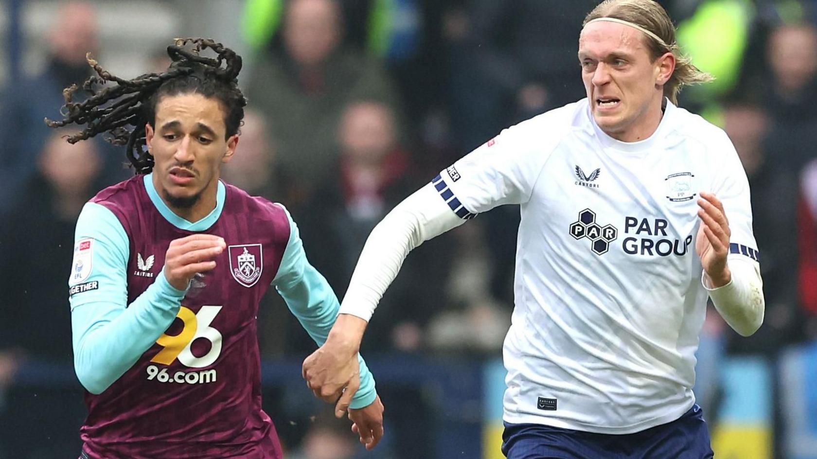 Burnley's Hannibal Mejbri (left) and Preston North End's Stefan Teitur Thordarson battle for the ball at Deepdale 