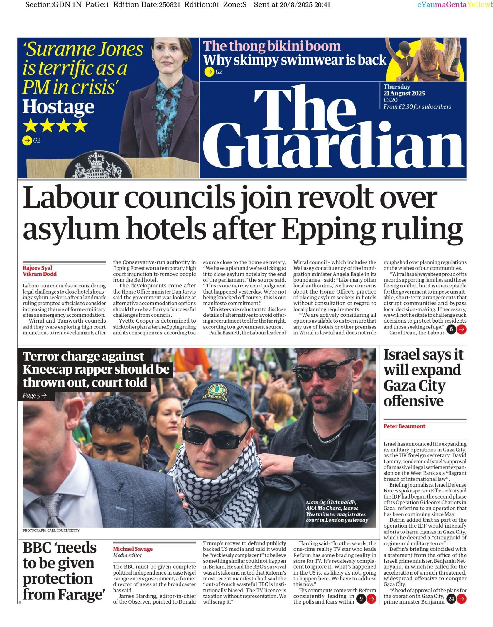 "Labour councils join revolt over asylum hotels after Epping ruling" reads the headline on the front page of The Guardian.