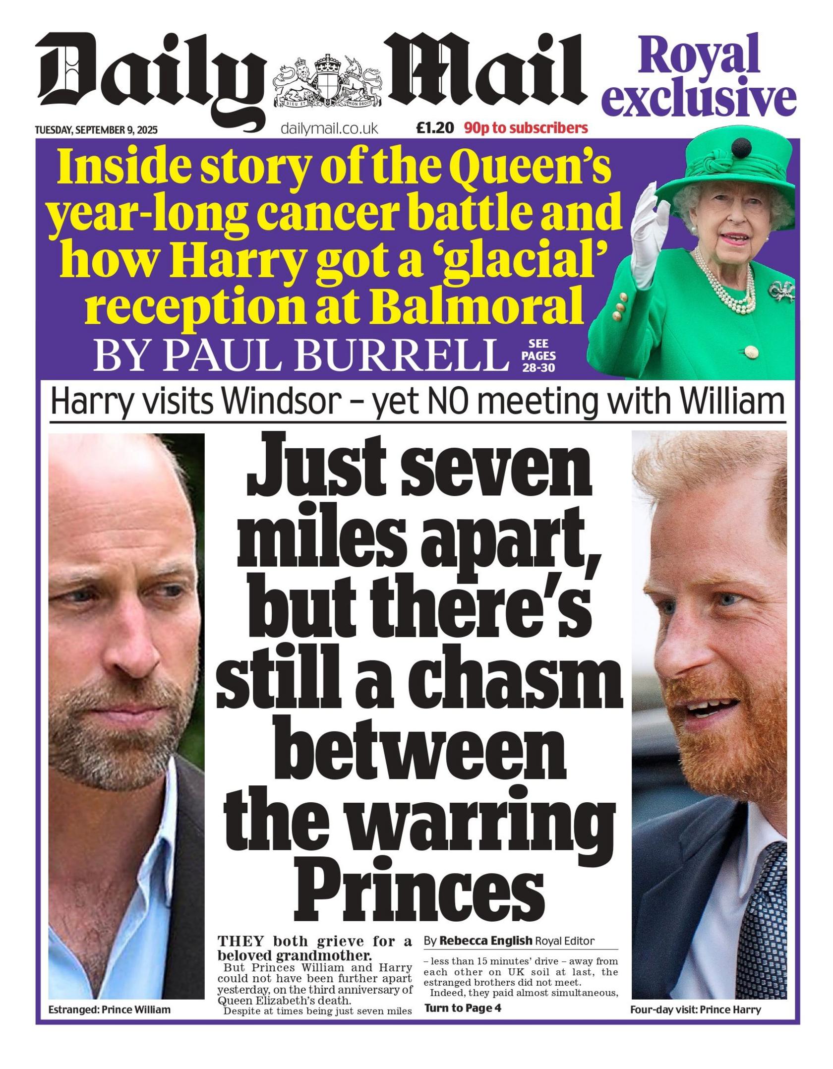 The headline on the front page of the Daily Mail reads: "Just seven miles apart, but there's still a chasm between the warring Princes".