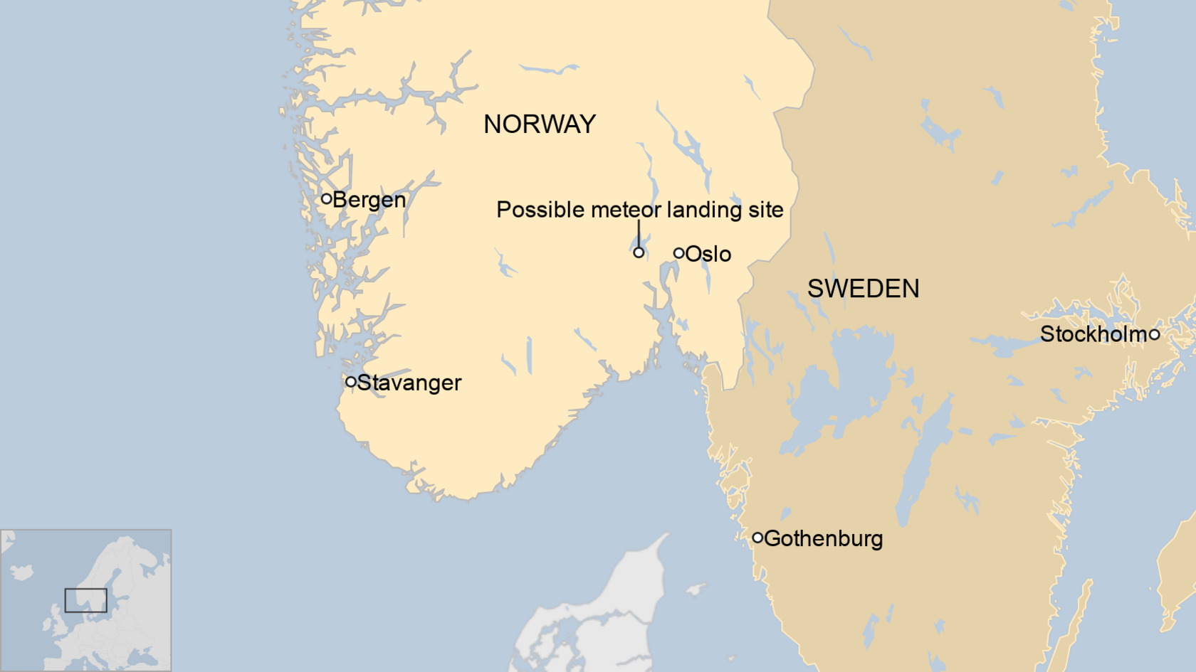 A BBC map showing the possible landing site of the meteor