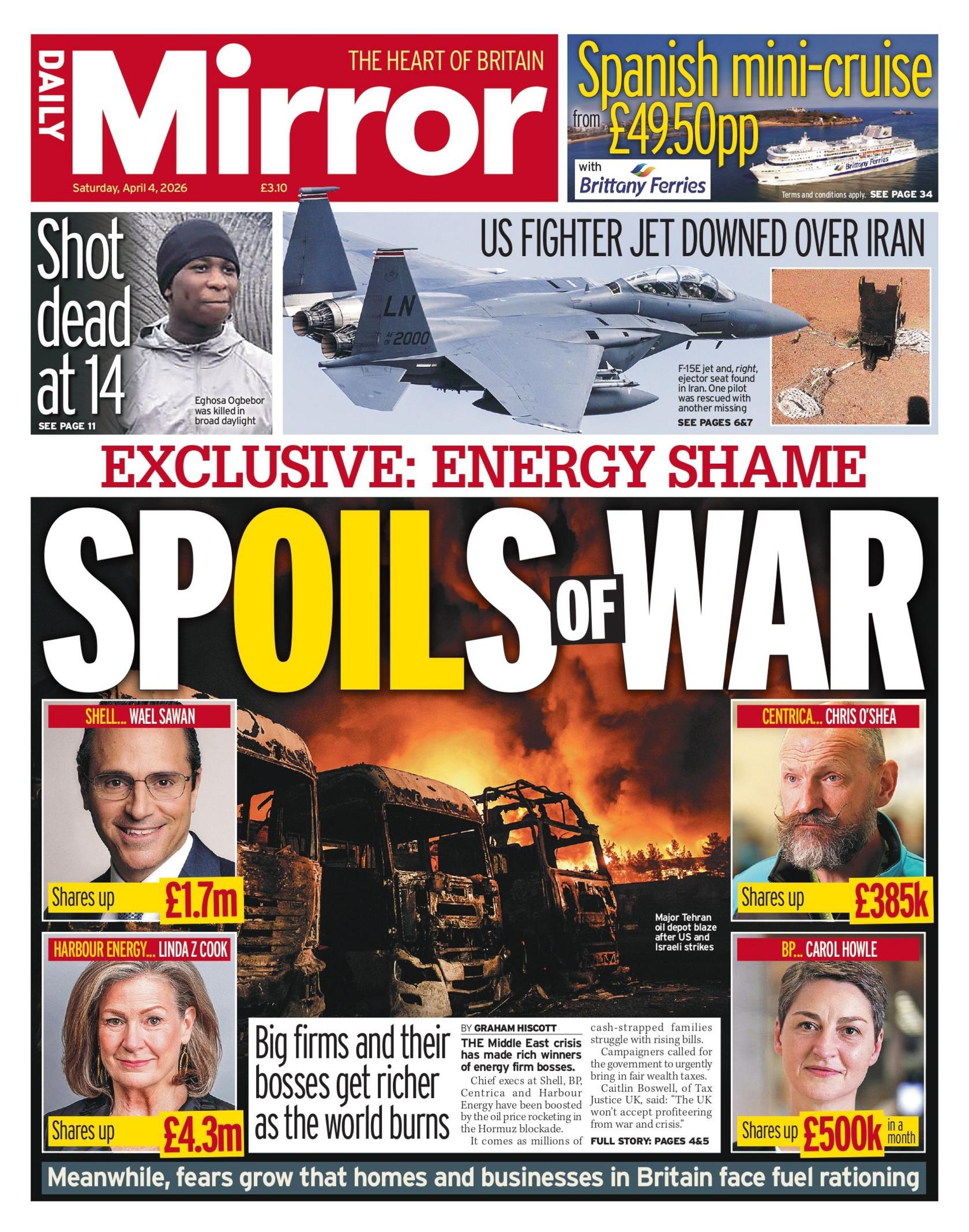"Spoils of war" reasds the headline on the front page of the Daily Mirror.