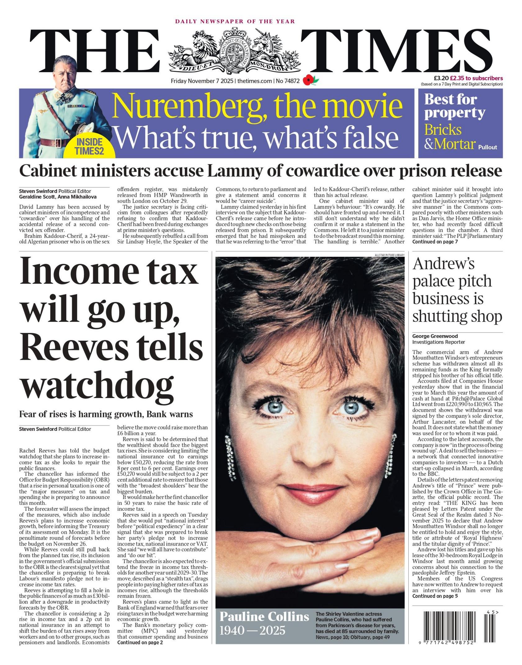 "Income tax will go up, Reeves tells watchdog" reads the headline on the front page of the Times