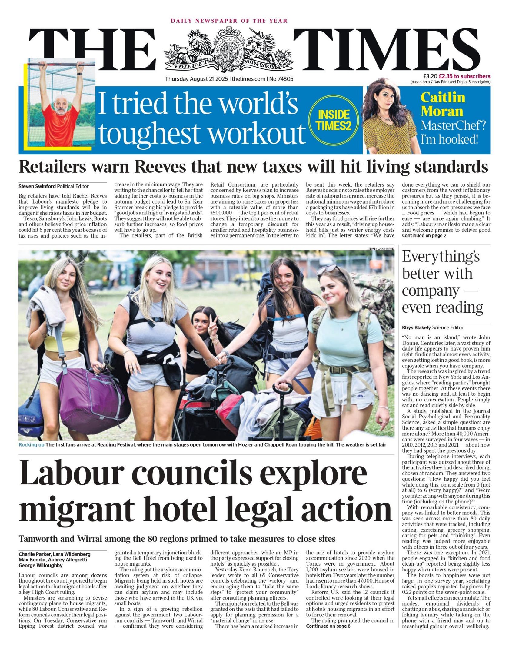 "Labour councils explore migrant hotel legal action" reads the headline on the front page of The Times.