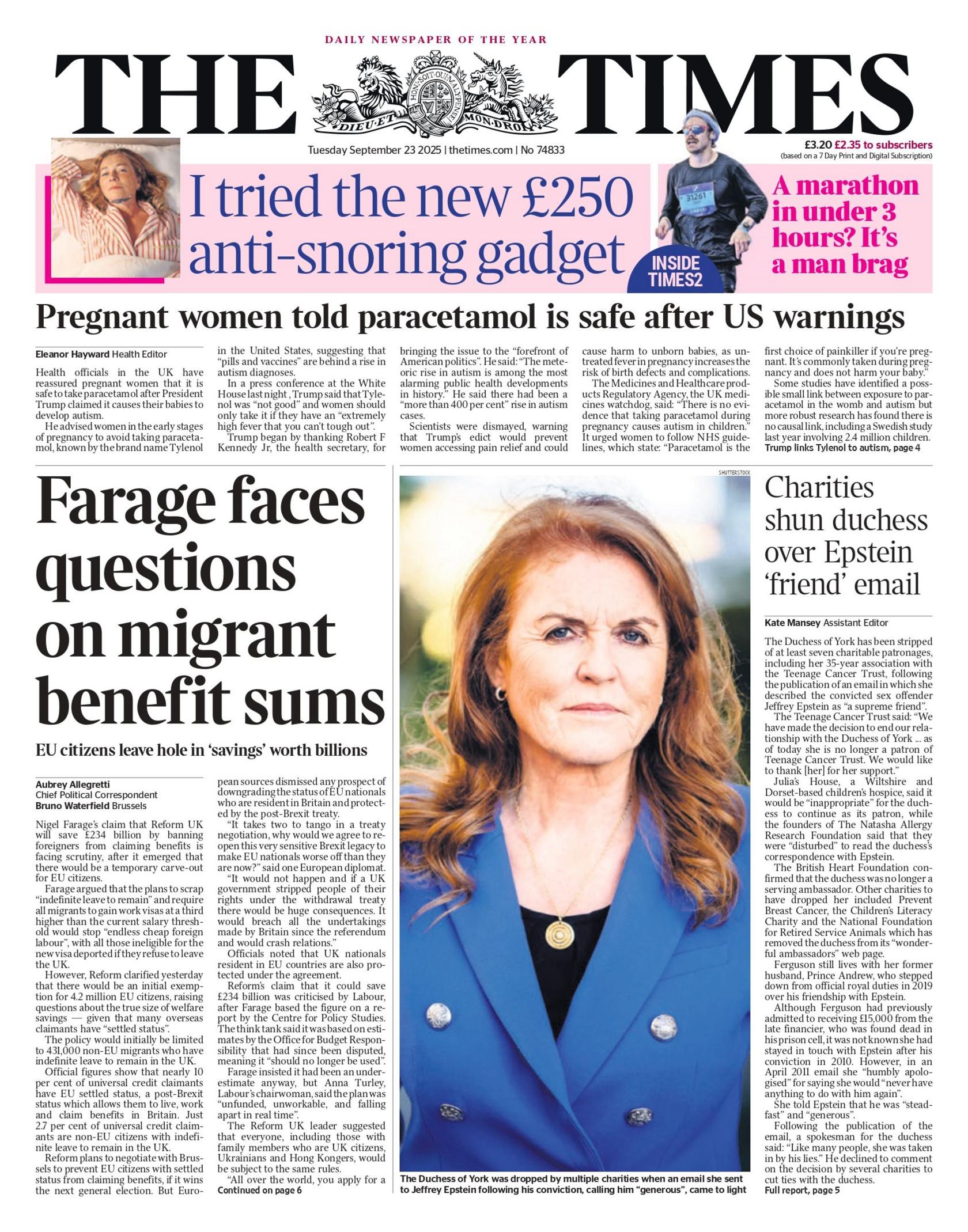 "Farage faces questions on migrant benefit sums" reads the headline on the front page of The Times.