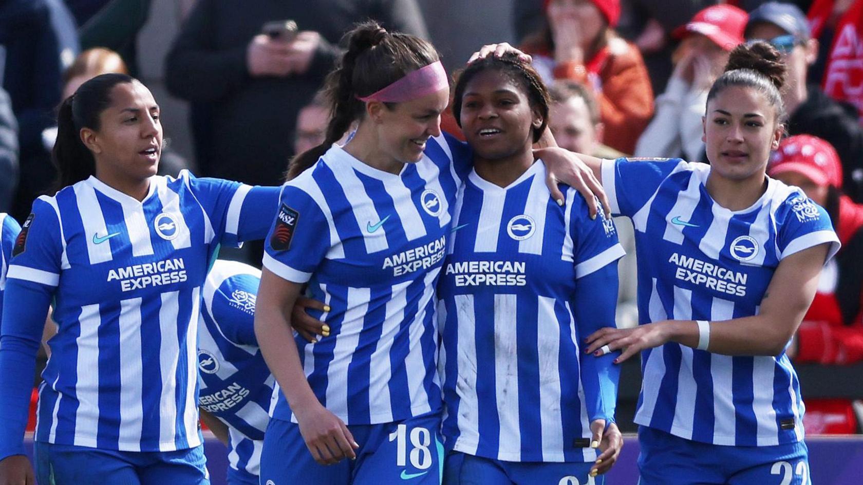 Brighton celebrate Madison Haley's opening goal against Arsenal in FA Cup quarter-final
