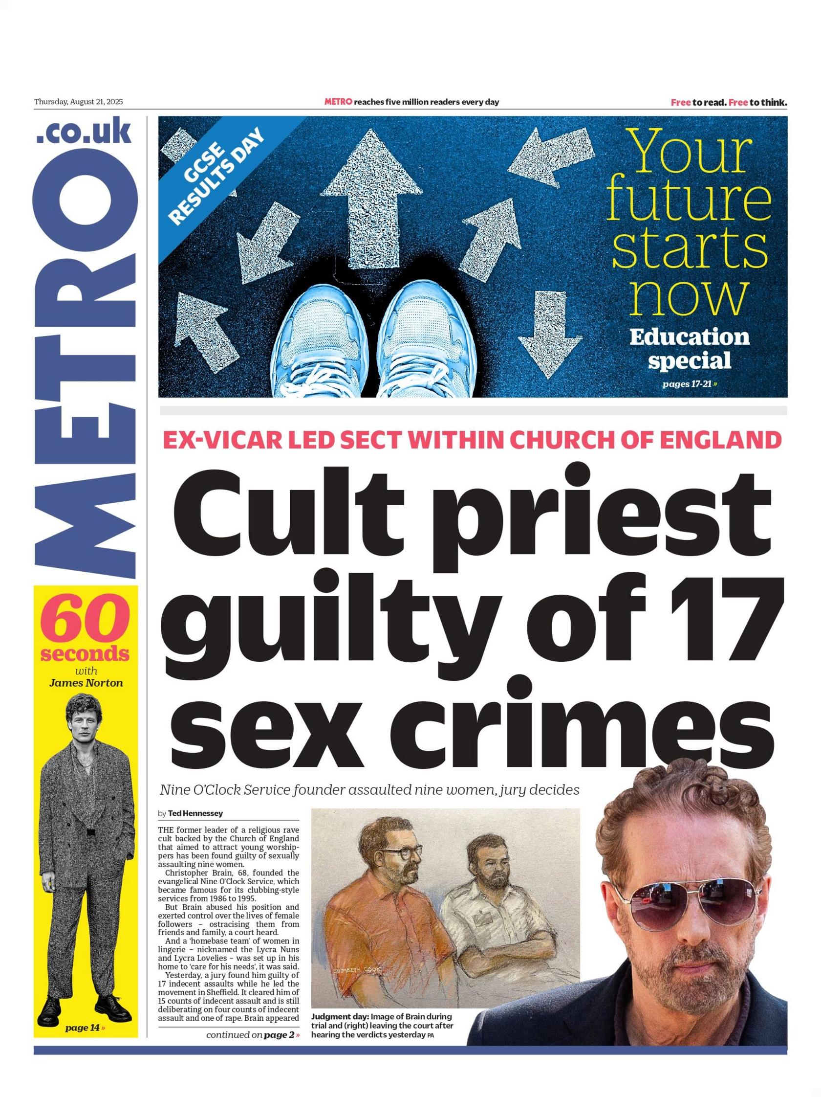 "Cut priest guilty of 17 sex crimes" reads the headline on the front page of Metro.