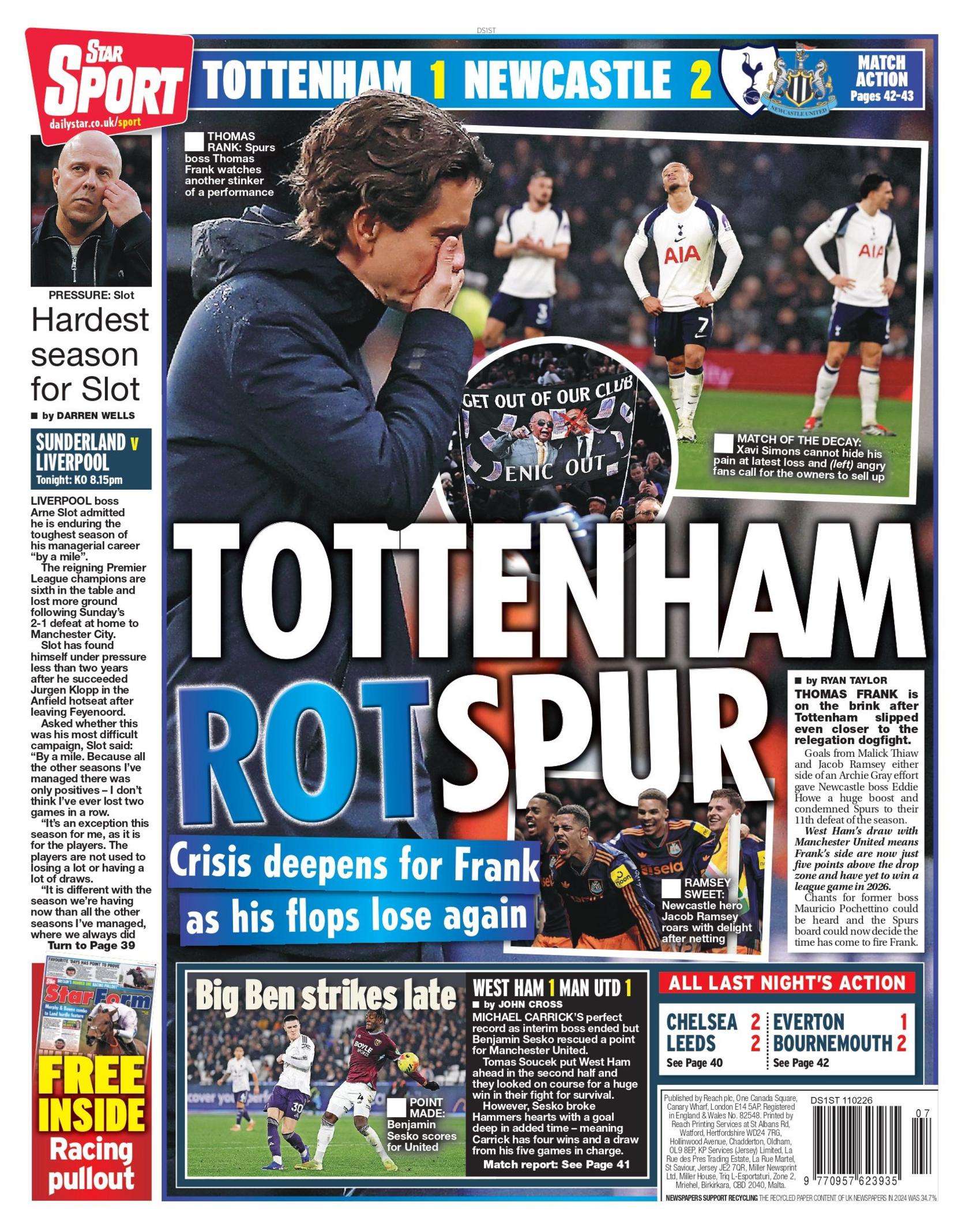 Back page of the Star. The headline is "Tottenham Rotspur - crisis deepens for Frank as his flops lose again".