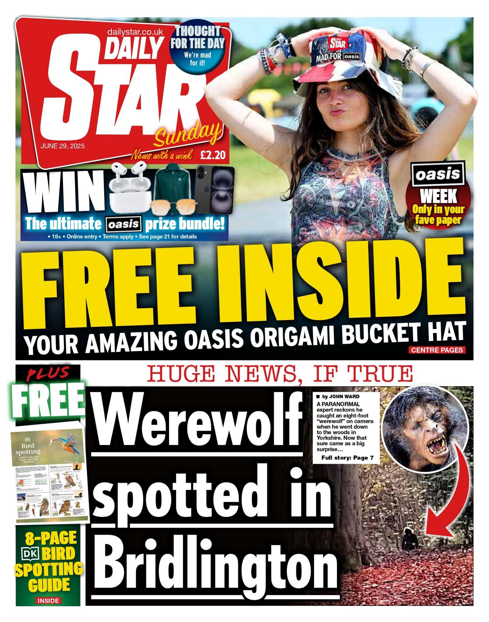 "Werewolf spotted in Bridlington" reads the headline on the front page of the Daily Star.