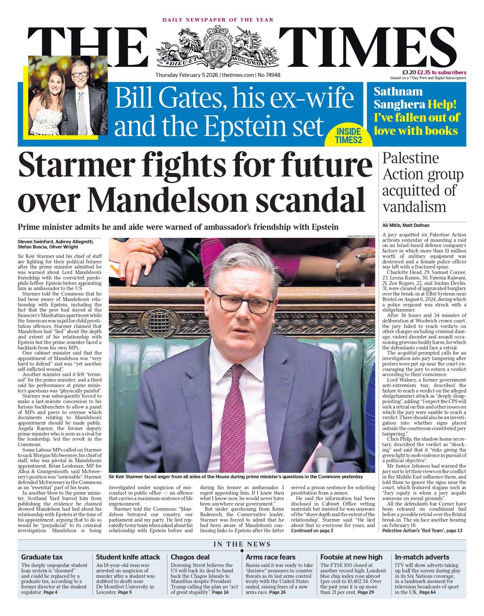 "Starmer lufton për të ardhmen për shkak të skandalit Mandelson", thuhet në titullin kryesor të gazetës Times.