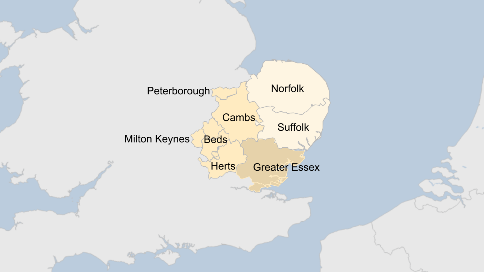 A map of the East of England splitting the counties into three groups. One group features Norfolk and Suffolk. A second group features Cambridgeshire and Peterborough, Bedfordshire, Hertfordshire and Milton Keynes. The last group is called Greater Essex and includes the county council, Southend and Thurrock council areas.