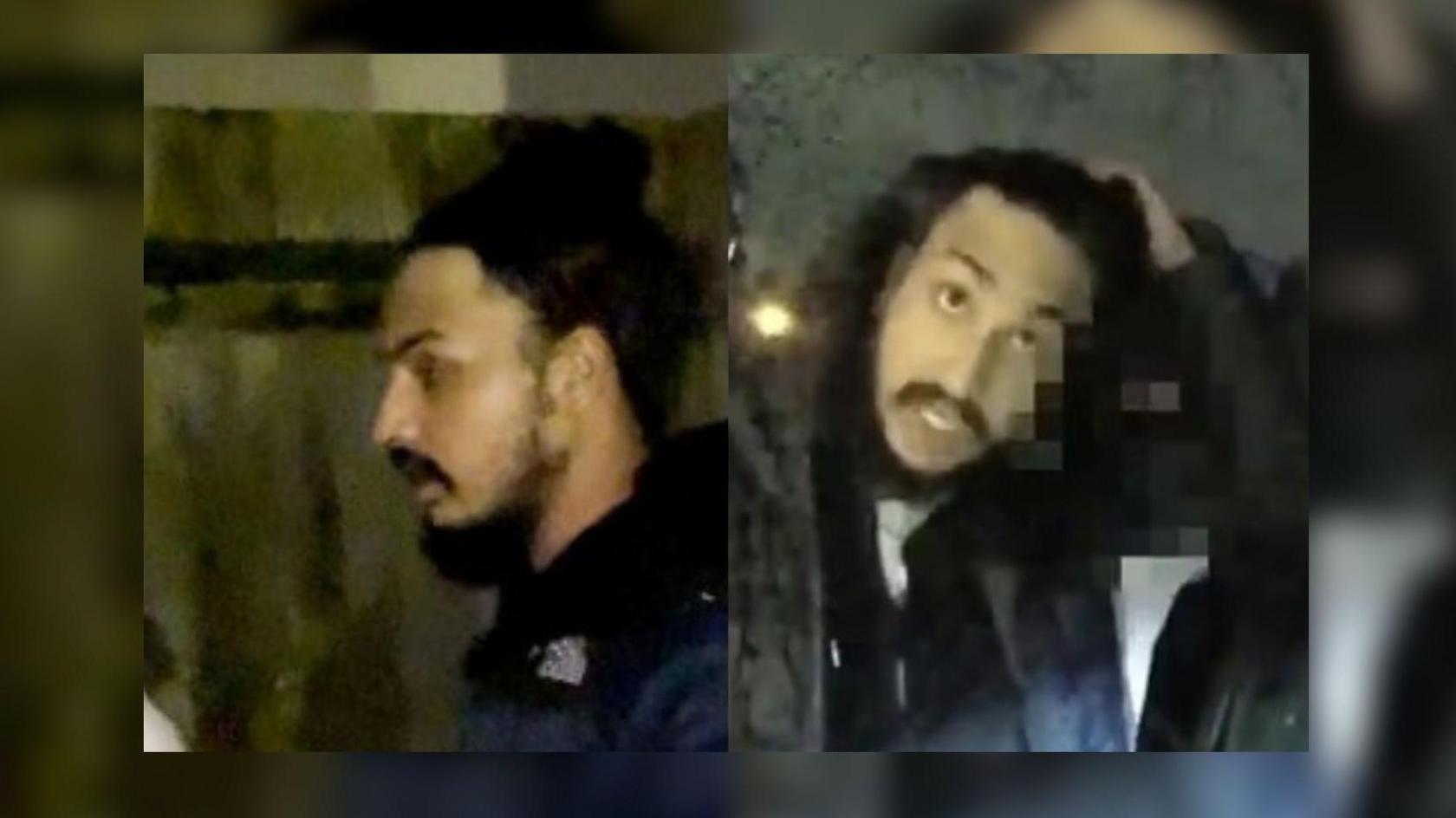 Two stills from body-worn footage show a man with dark hair and a beard. It is nighttime and he is wearing a dark coloured top.
