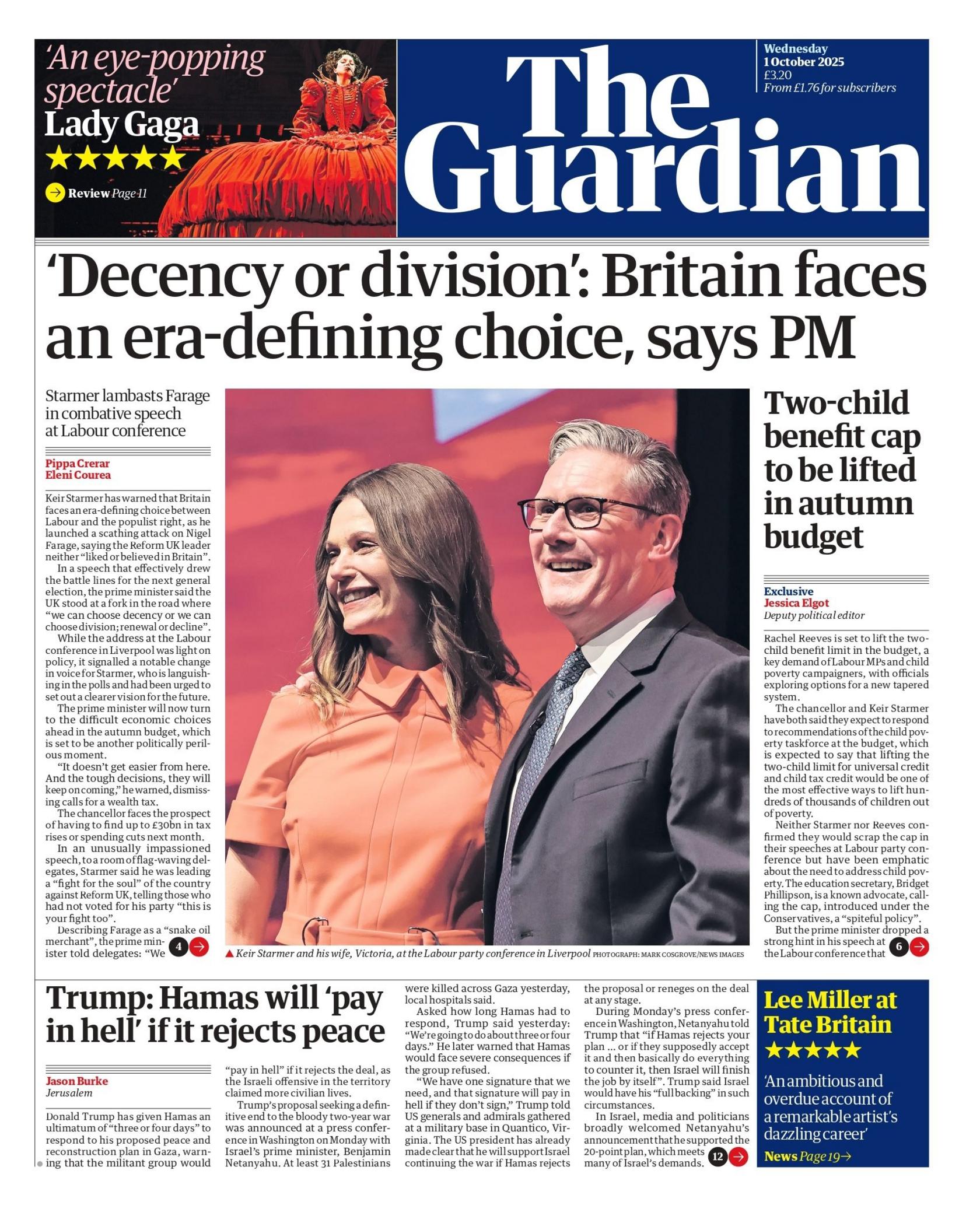 The headline of the front page of the Guardian reads: "'Decency or division: Britain faces an era-defining choice, says PM".