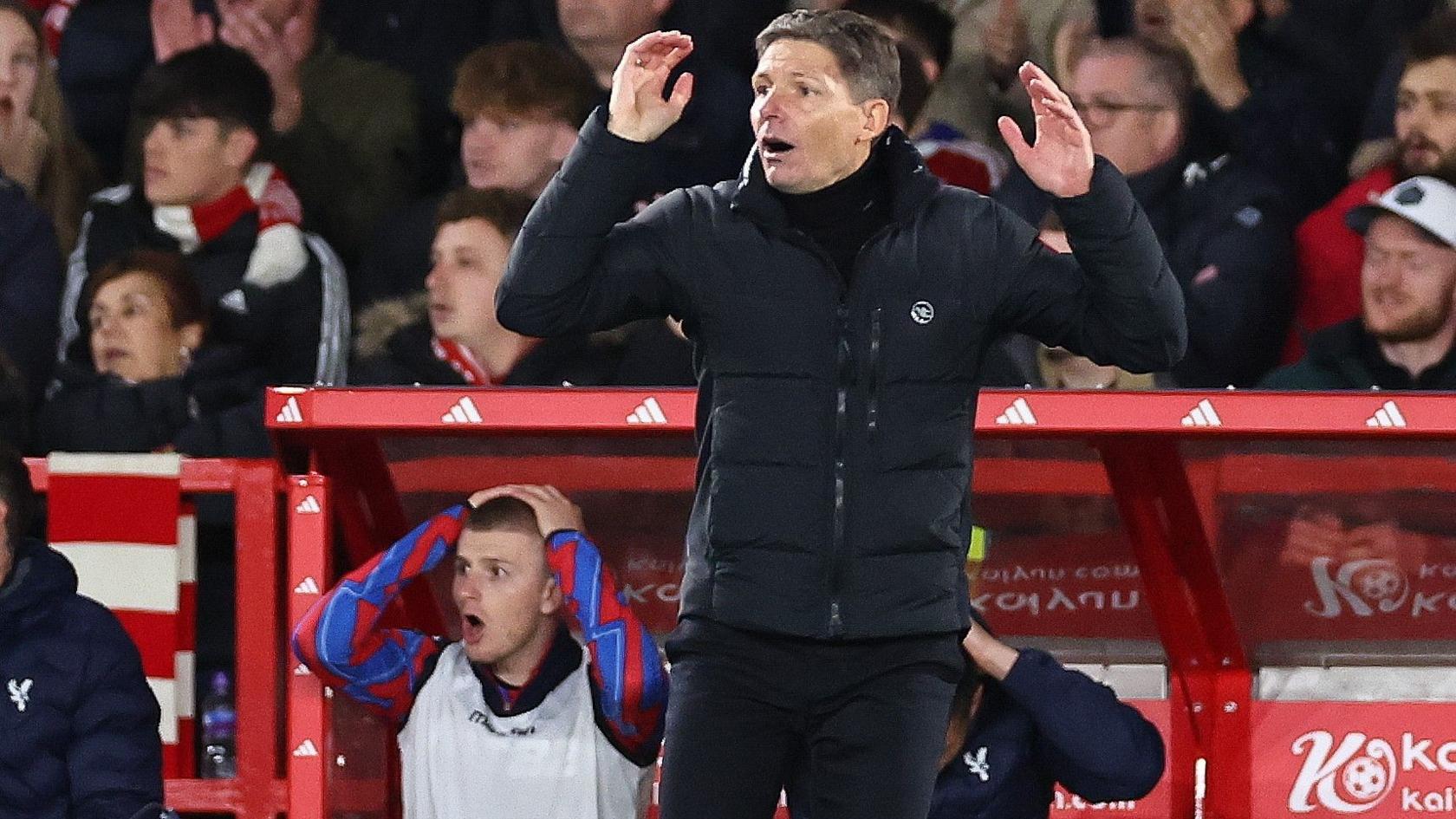 Oliver Glasner reacts to a missed chance against Nottingham Forest