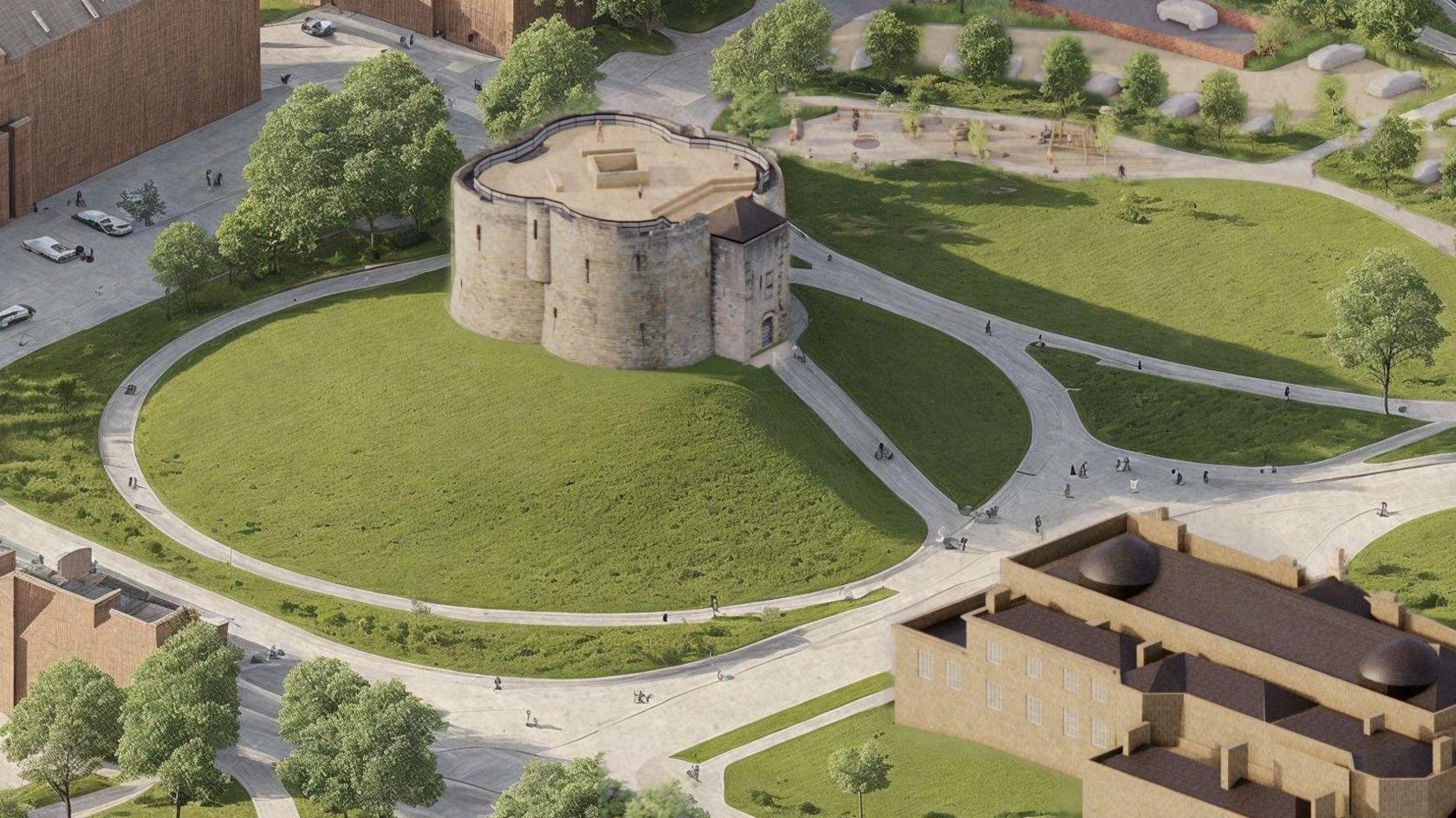 An impression of how work around Clifford's Tower in York will be completed - the tower and mound it sits on will not be changed however the exiting car park to the rear of the mound will be replaced by grassed areas and walkways