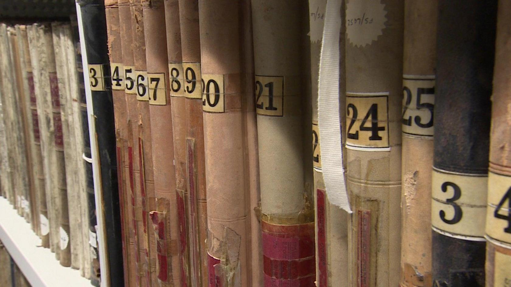 Old books on a shelf at The Story history centre on the outskirts of Durham city