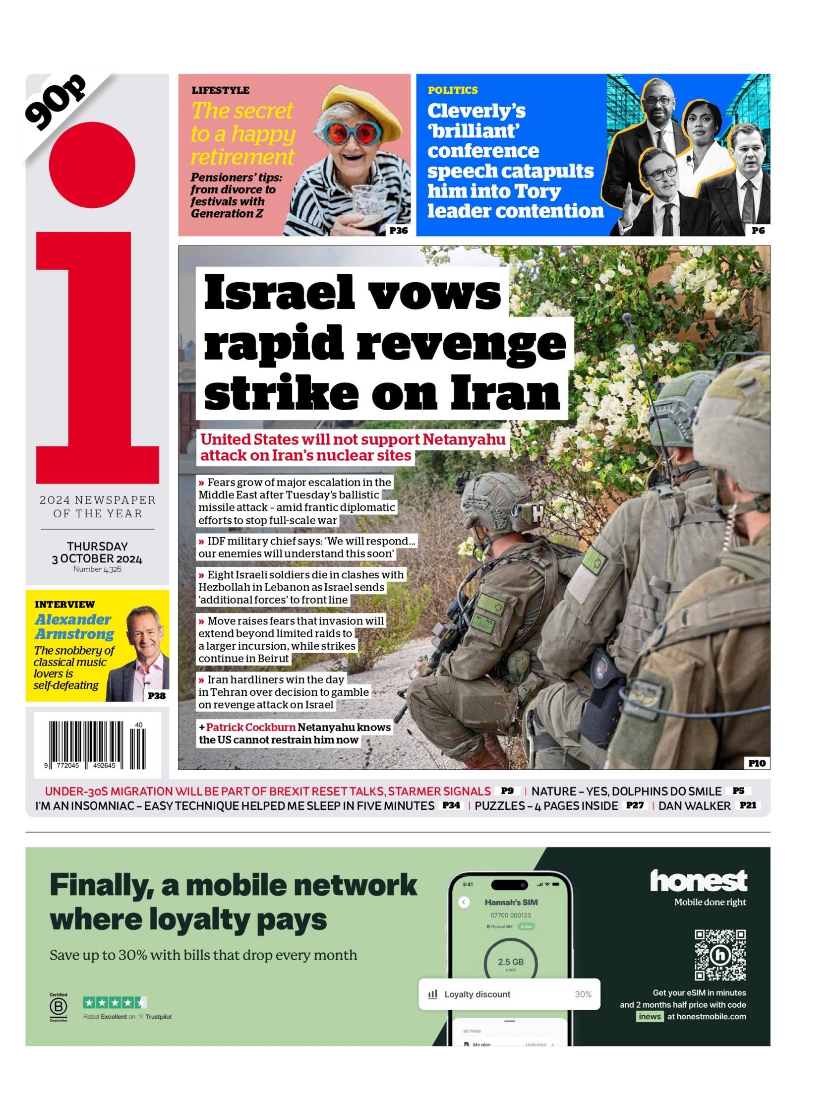  The I paper front page for 3 October 