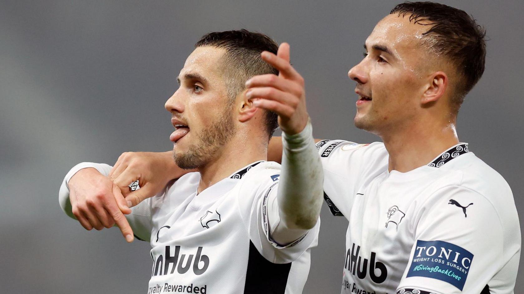 Jerry Yates (left) celebrates scoring for Derby County West Brom in the first half 