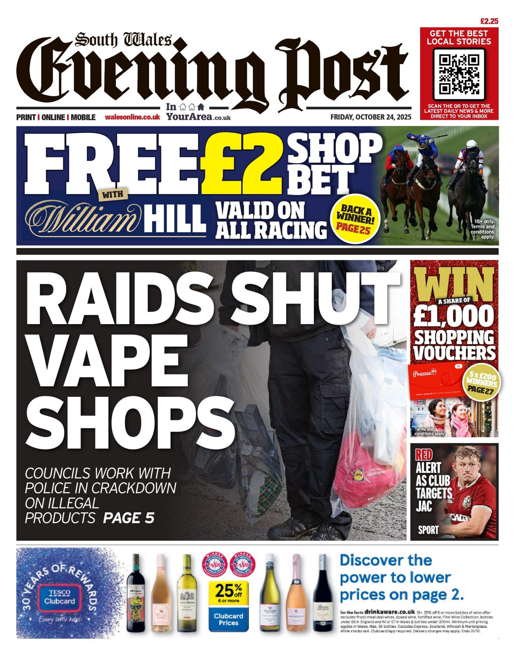 Front page of the South Wales Evening Post. Main headline: Raids shut vape shops. With a shot of a police mans legs holding clear plastic bags 