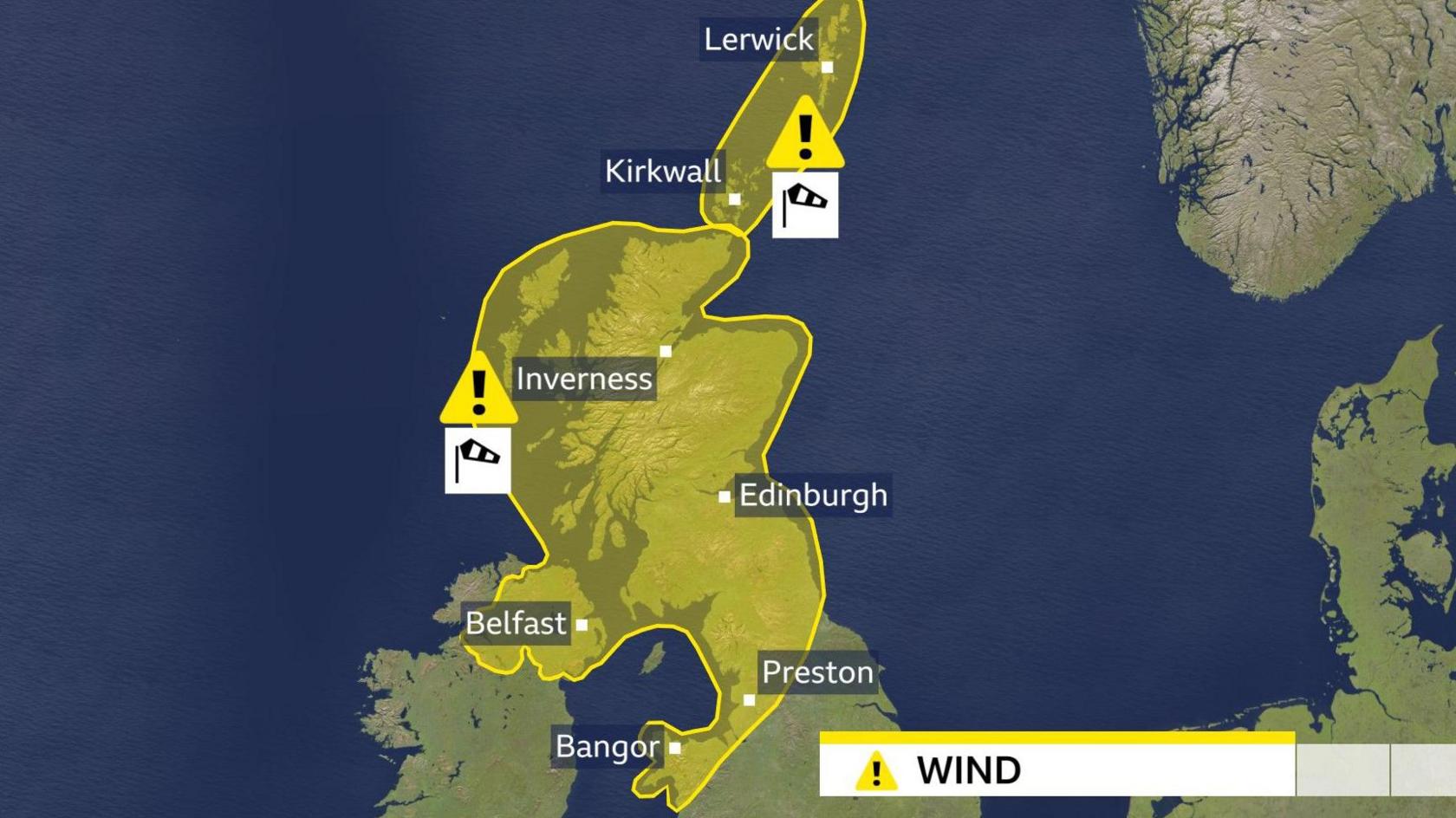 A map of Scotland, Northern Ireland, northern England and Wales showing the area covered by a yellow warning