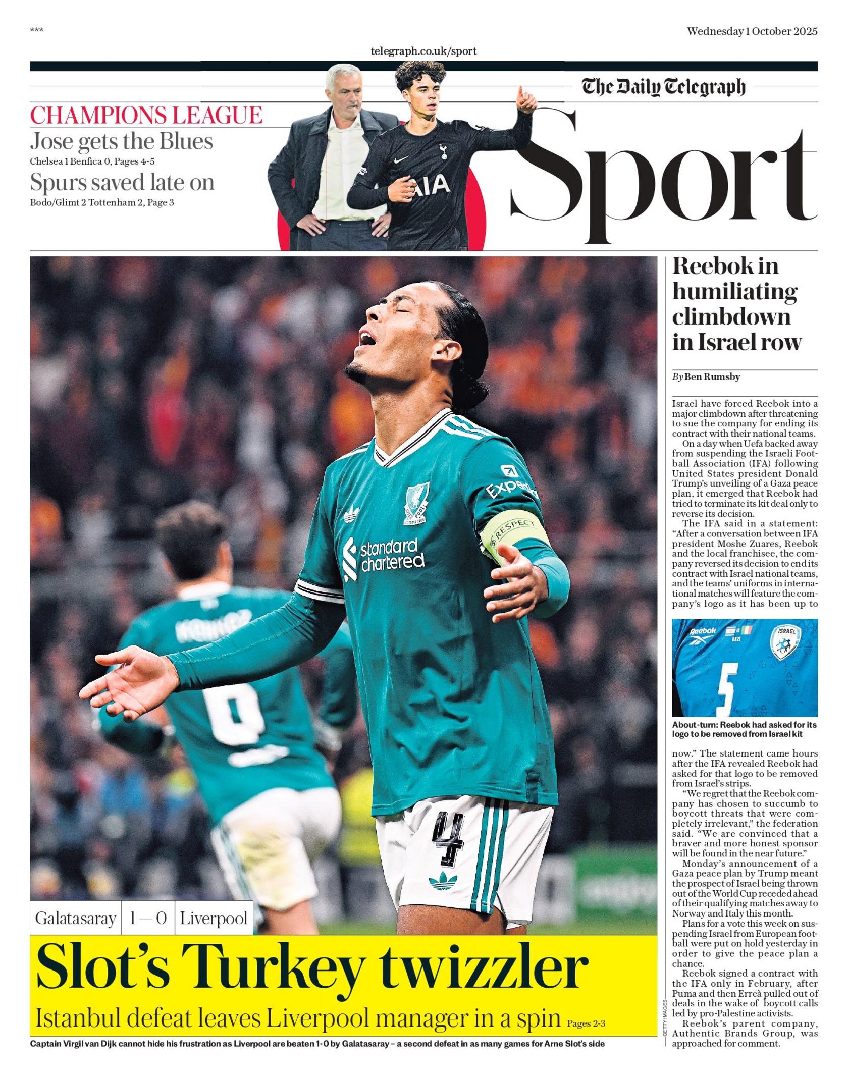 Front page of Telegraph sports section
