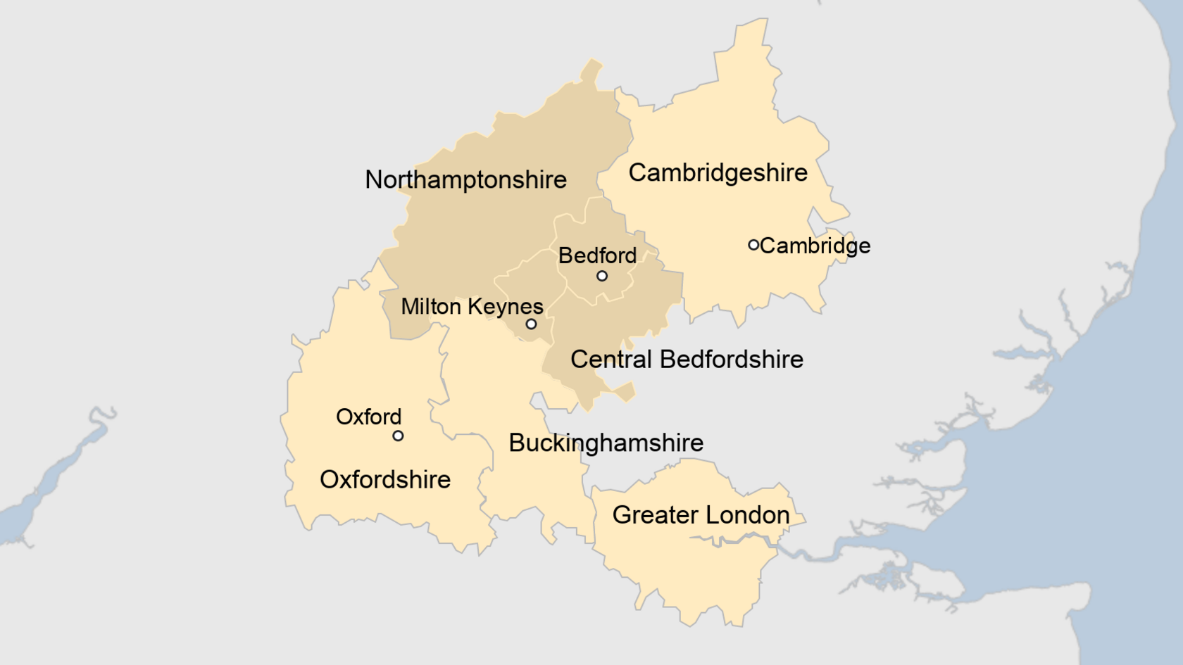 Map showing Oxford to Cambridge Pan-Regional Partnership area