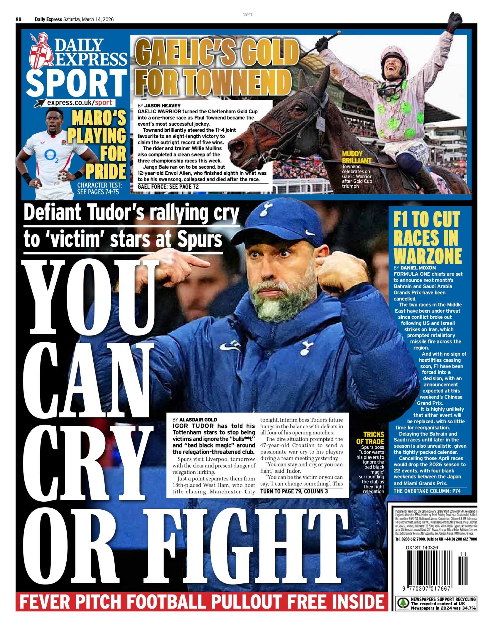 Daily Express back page - Saturday 14 March