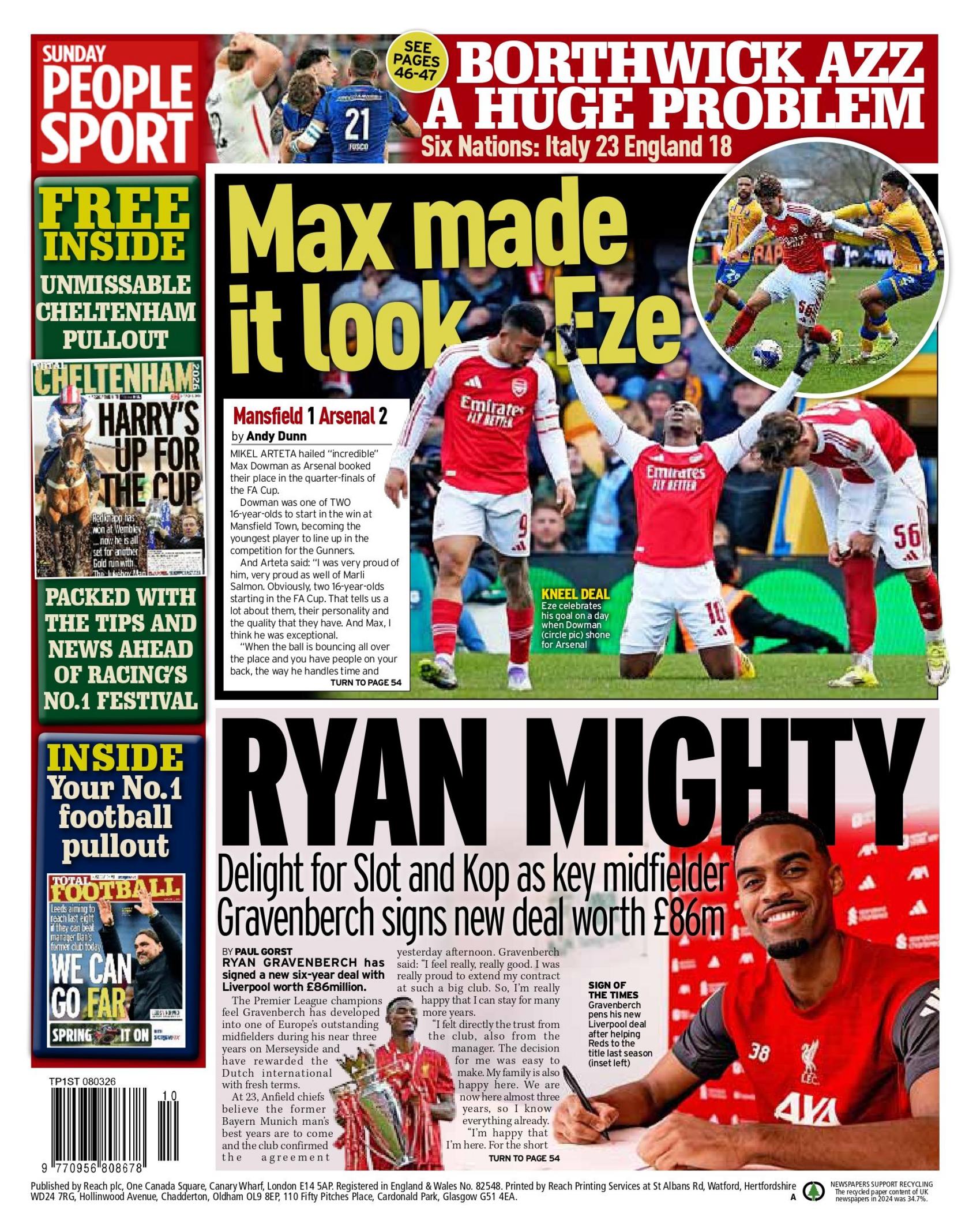 Backpage of the Sunday People with the main headline "Ryan Mighty"