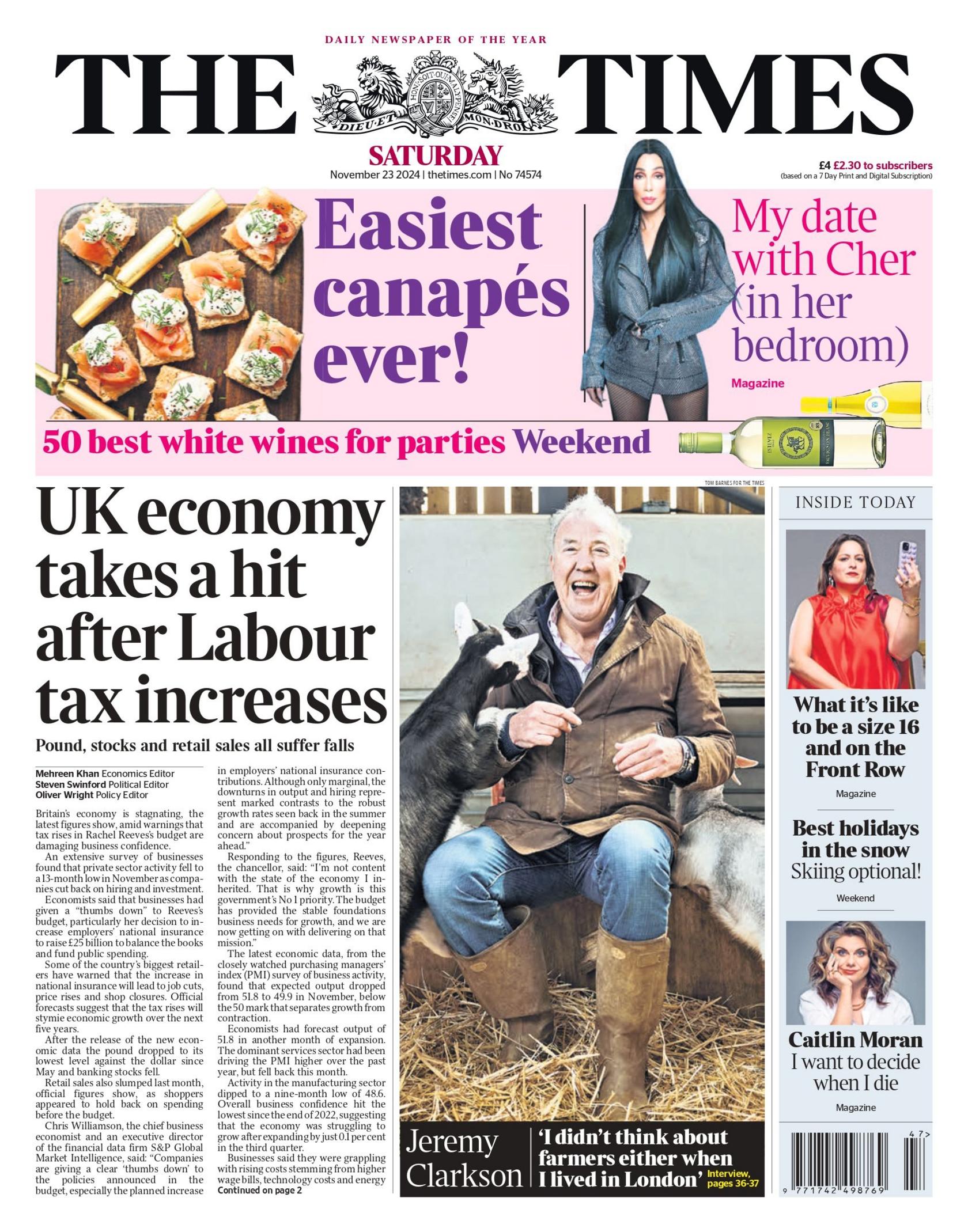 The Times front page with headline: "UK economy takes hit after Labour tax increases"